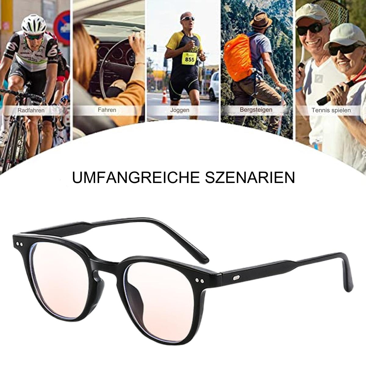 Brille mit schwarzem Gestell und rosa Gläsern, mit kleinen Bildern, die verschiedene Aktivitäten zeigen.