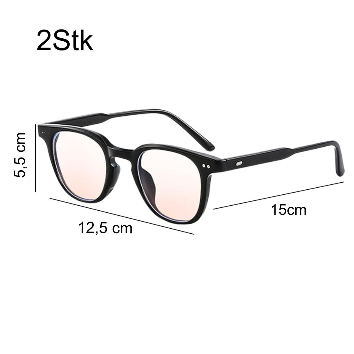Schwarze Brille mit Maßangaben: 12,5 cm, 15 cm und 5,5 cm, auf weißem Hintergrund.