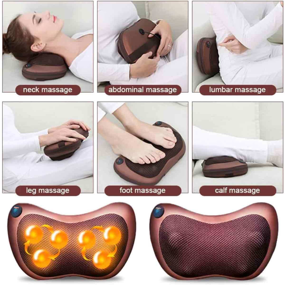 Eine Reihe von Bildern, die die Verwendung eines Massagekissens für Nacken-, Bauch-, Lenden-, Bein-, Fuß- und Wadenmassage zeigen.