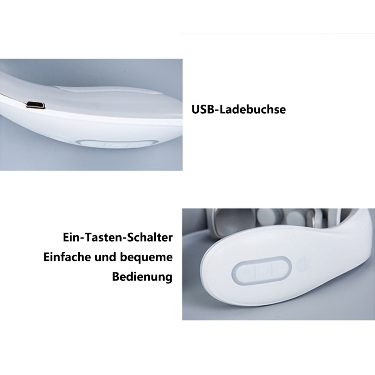 Weißer Nackenmassagegerät mit USB-Ladeanschluss und Tasten. Text zeigt einfache Bedienung.