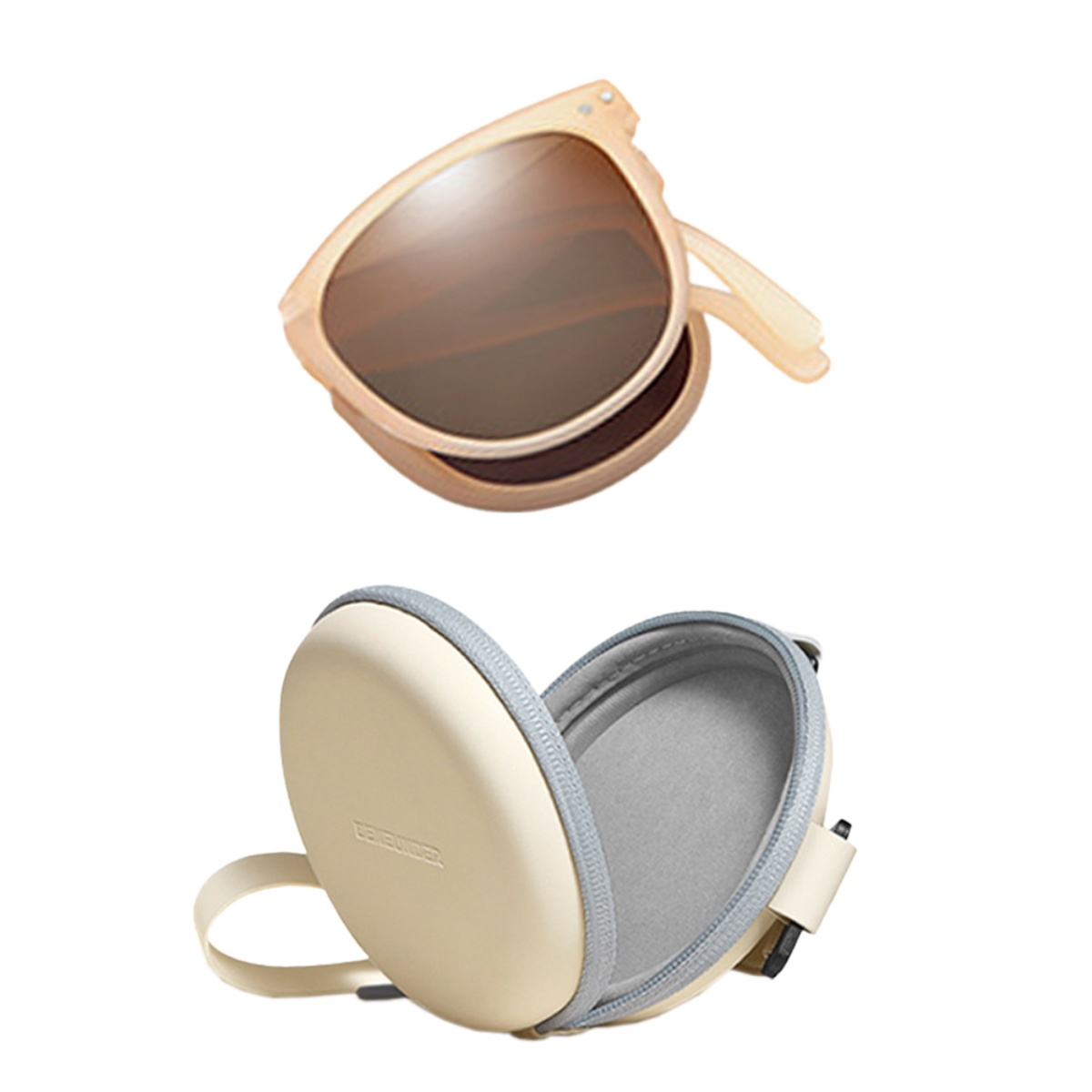 Sonnenbrille und Etui. Sonnenbrille ist zusammengeklappt. Das Etui ist offen und beige.