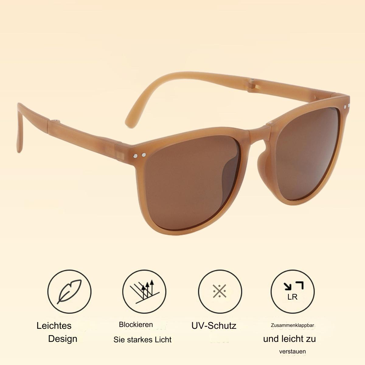 Braune Sonnenbrille mit braunen Gläsern, mit Symbolen für leichtes Design, UV-Schutz und Lagerung.