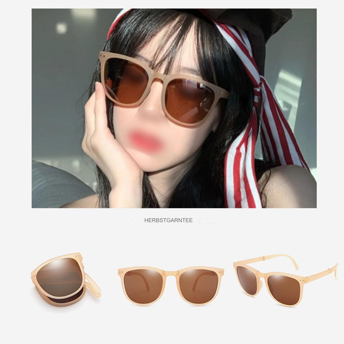 Frau mit Sonnenbrille, drei verschiedene Ansichten von beigen Sonnenbrillen. Rotes und weißes Kopftuch.