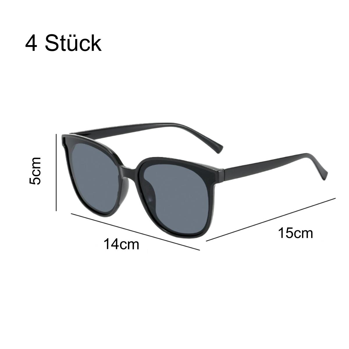 Schwarze Sonnenbrille mit Maßen: 5 cm Höhe, 14 cm Breite, 15 cm Länge.