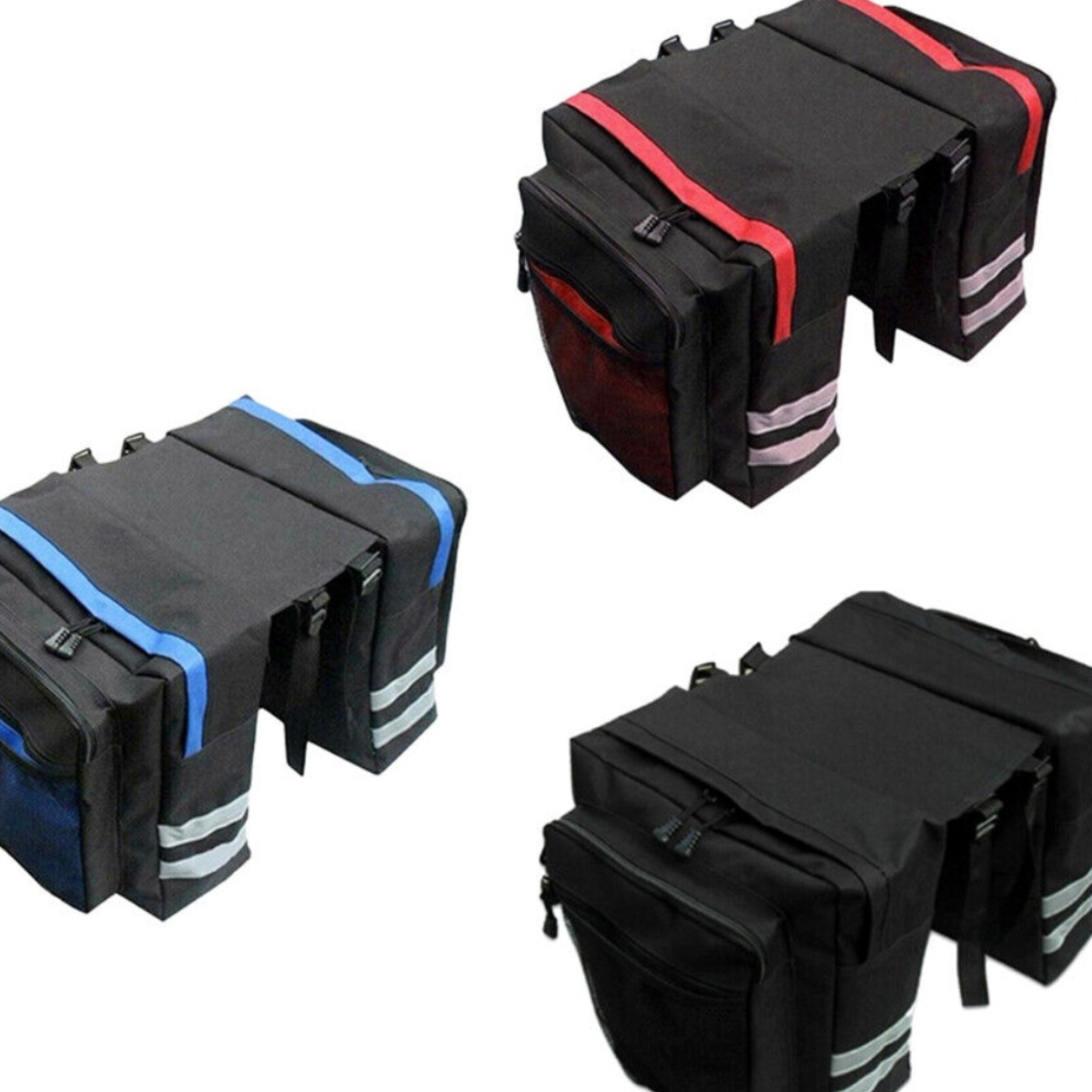 Drei schwarze Fahrradtaschen mit reflektierenden Streifen und Farbakzenten: blau, rot und schwarz.