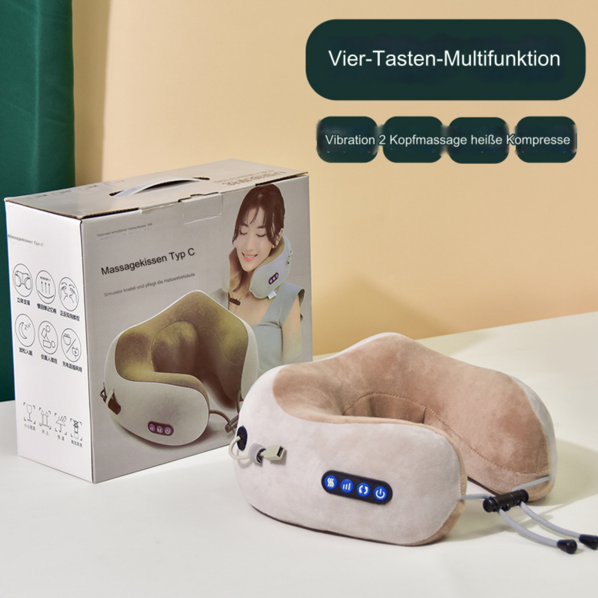Nackenmassagegerät und -karton, zeigt das Produkt und eine Frau, die es trägt.