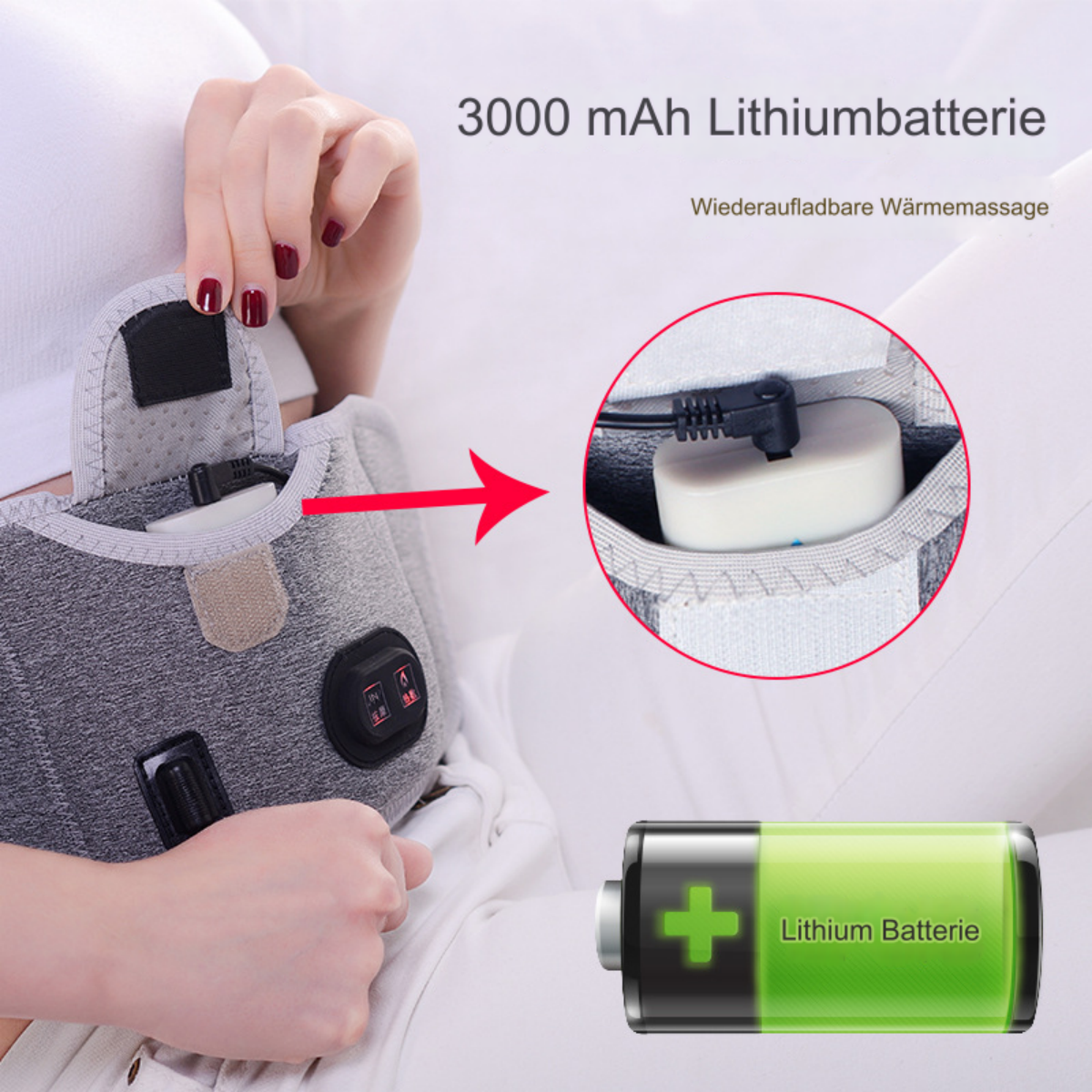 Eine Hand hält ein graues Wärmemassagegerät. Eine Batterie ist sichtbar. Text lautet: 3000 mAh Lithiumbatterie.