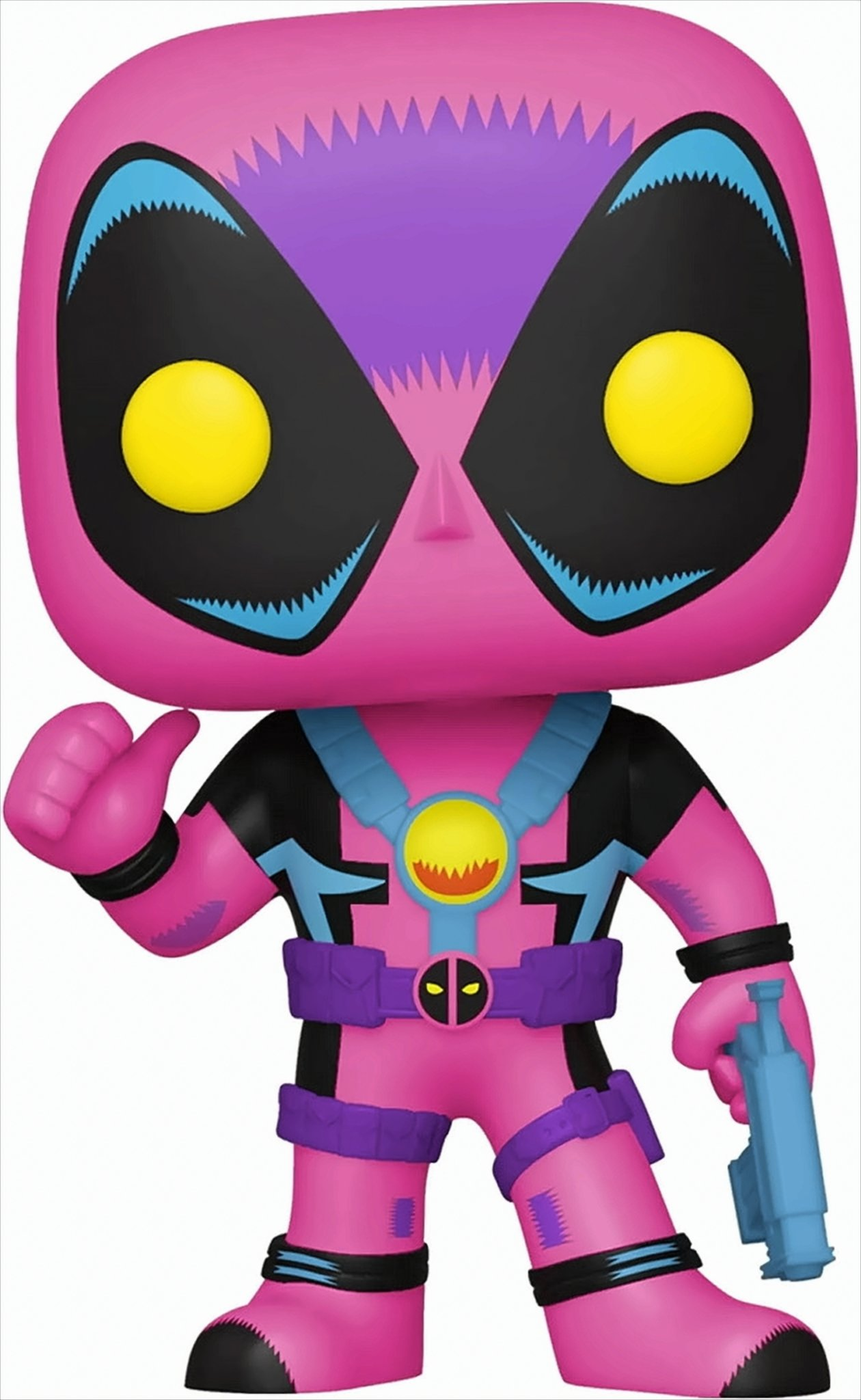 Pinke Deadpool Funko Pop-Figur mit Waffe. Schwarze Augen, blaue und lila Details und gelbe Augen.
