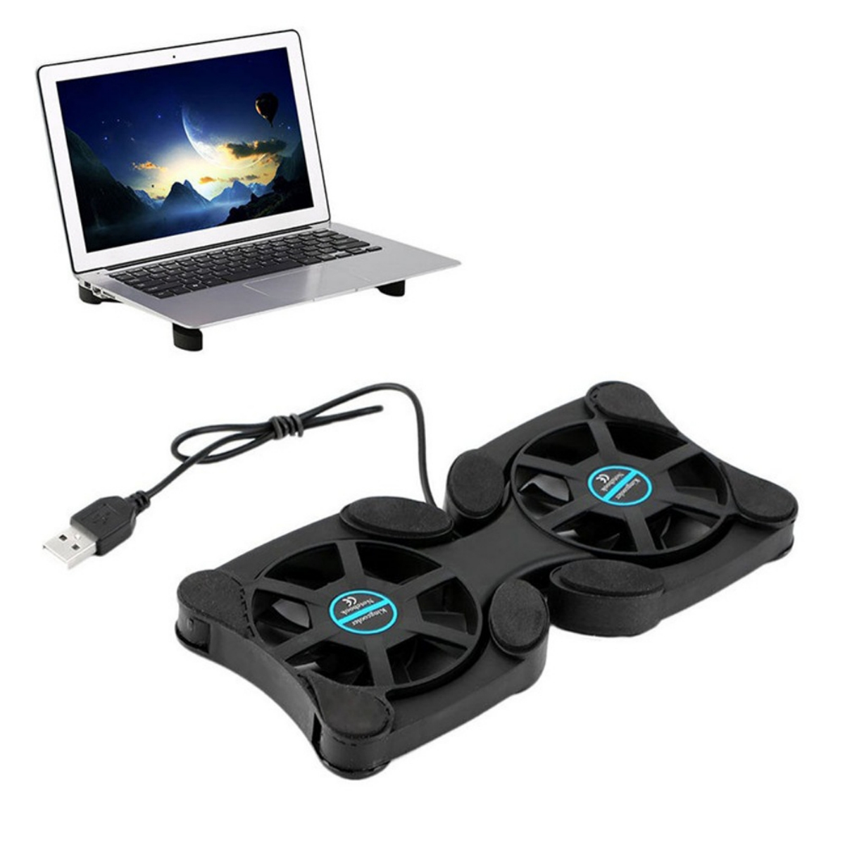 Ein Laptop auf einem Kühlpad mit zwei Lüftern. Ein USB-Kabel verbindet das Pad mit dem Laptop.