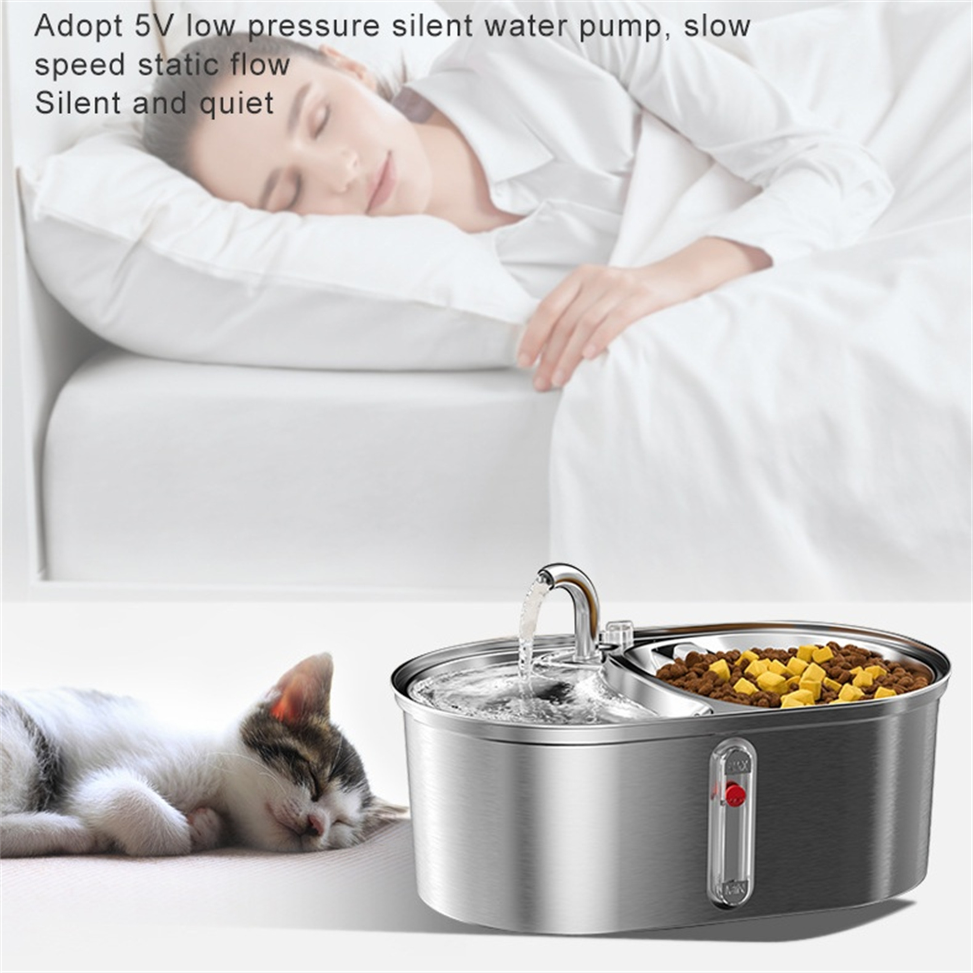 Eine Katze und eine schlafende Person. Ein Wasserbrunnen ist im Vordergrund.