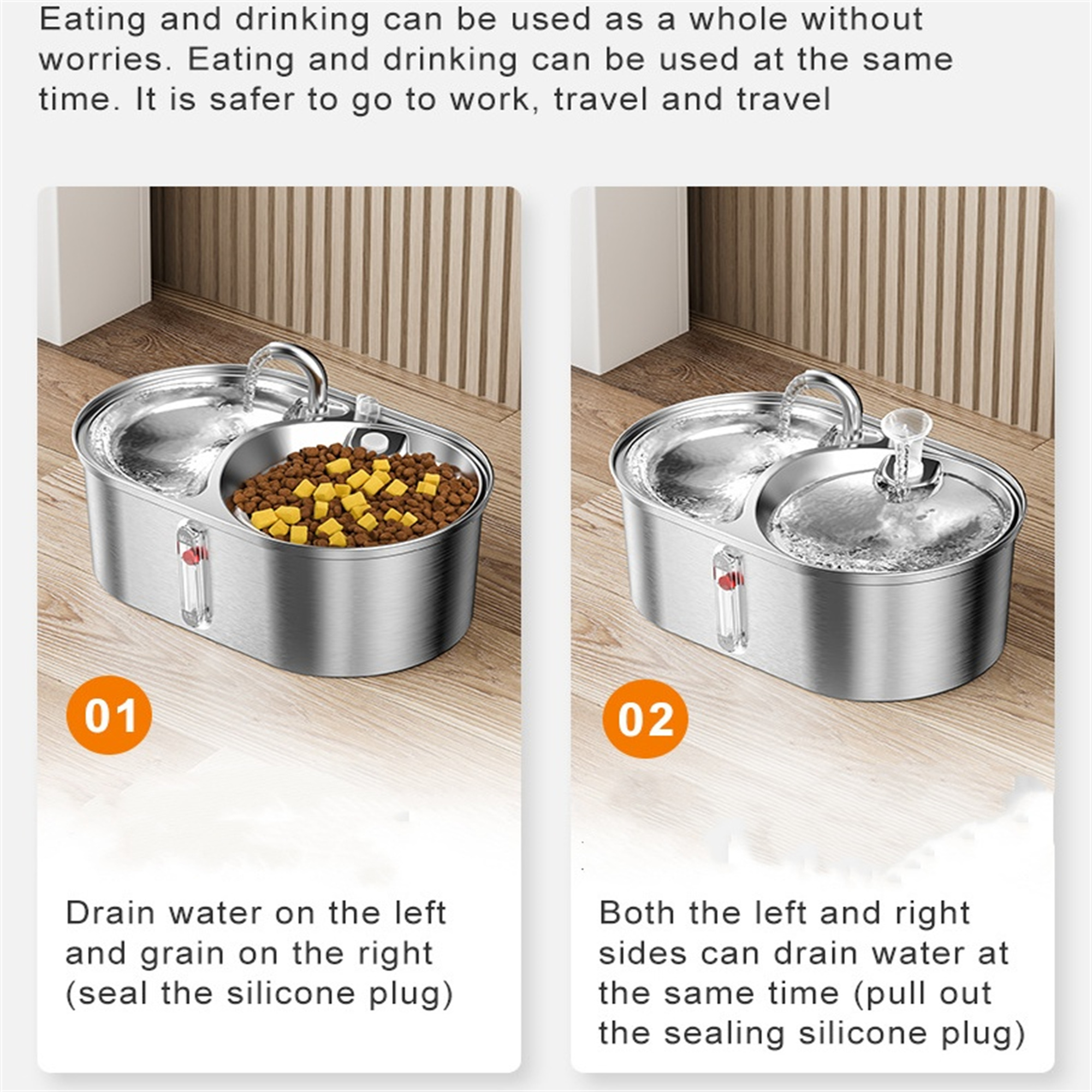 Futternäpfe und Wassernäpfe für Haustiere. Die linke Schüssel enthält Futter, die rechte Wasser. Beide haben Anzeigen.
