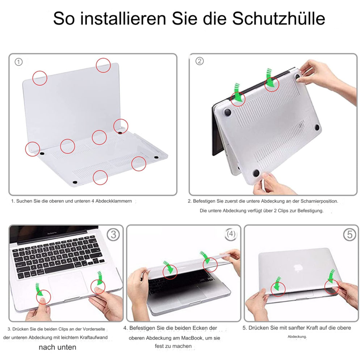 Anleitung zur Installation einer Laptop-Hülle, Schritt-für-Schritt-Illustrationen. Weißer Hintergrund.