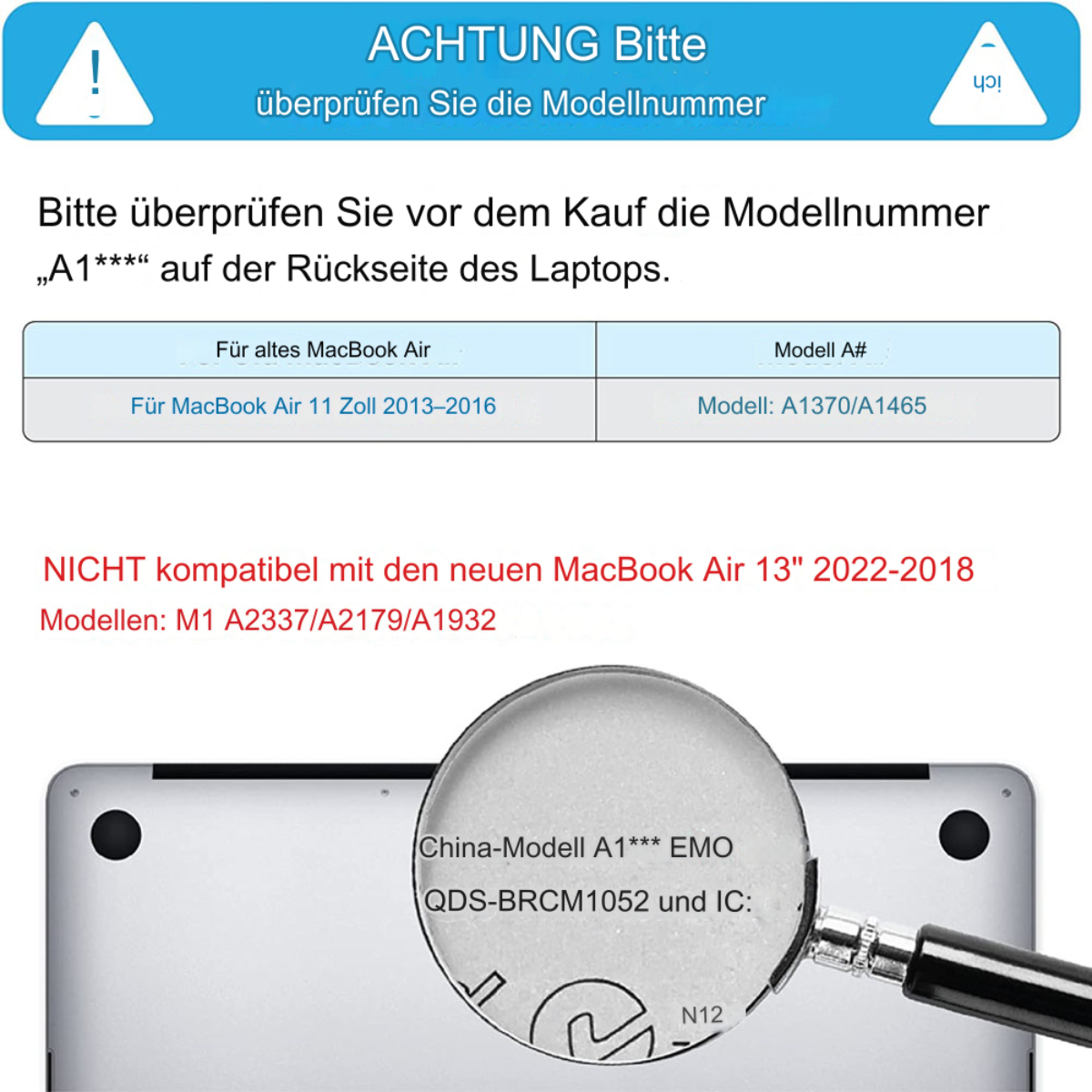 Anweisungen zum Überprüfen der Laptop-Modellnummer, die das Etikett mit einer Lupe zeigen.