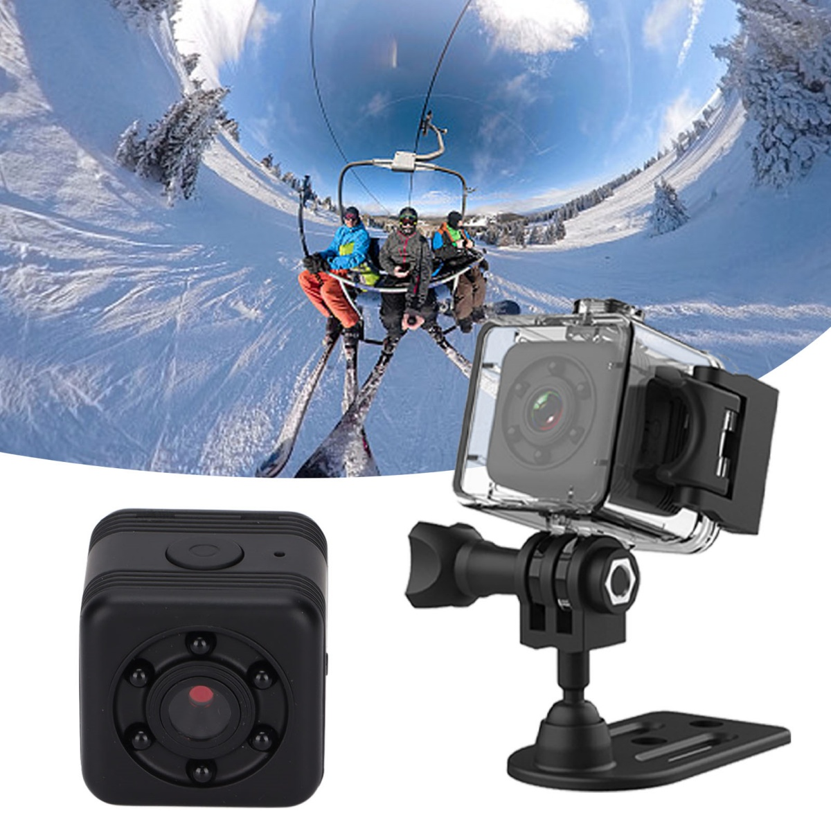 Eine kleine schwarze Überwachungskamera mit Skigebiet im Hintergrund; eine Kamera in einem transparenten Gehäuse auf Halterung.