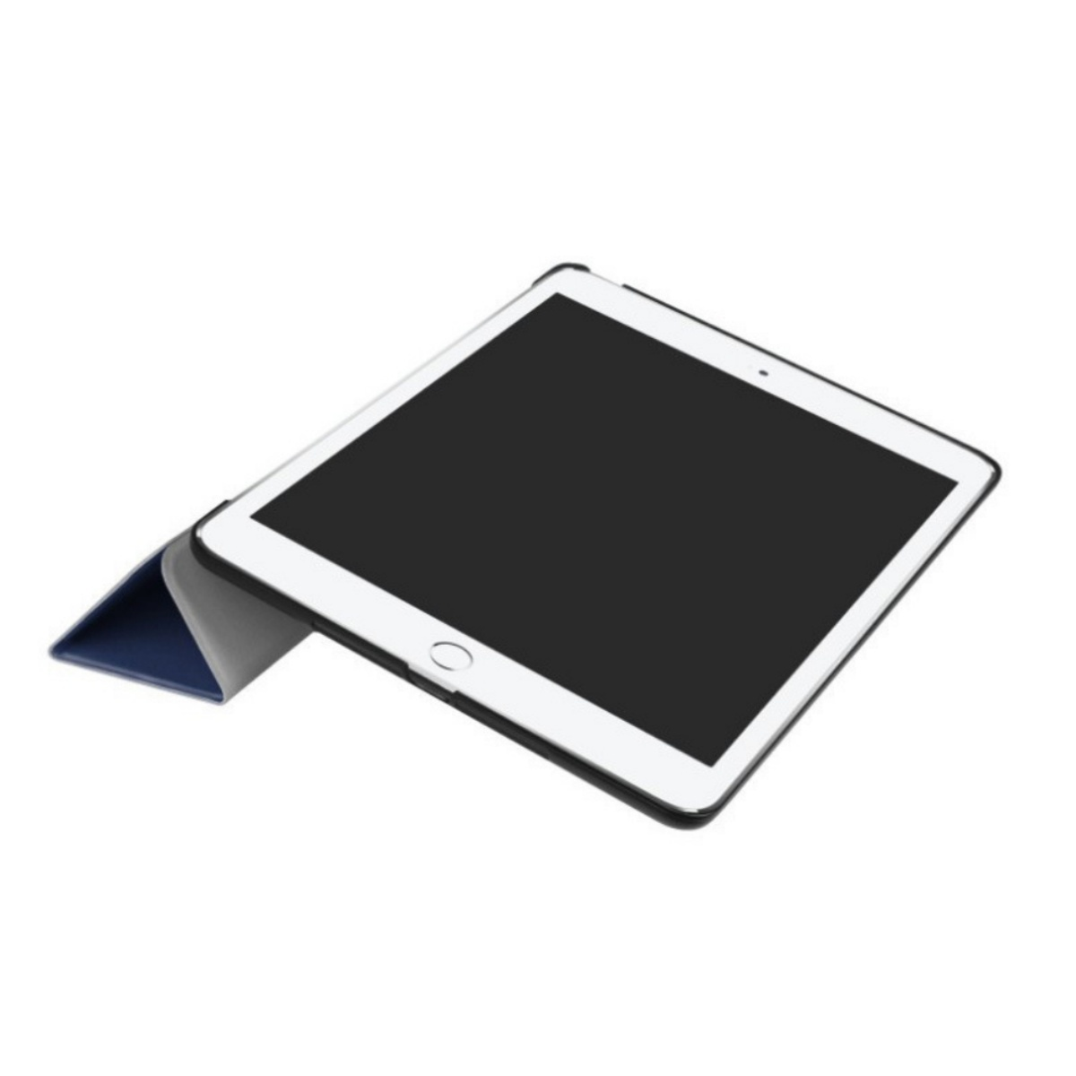 Ein weißes iPad mit schwarzem Bildschirm in einer blauen Folio-Hülle, leicht angewinkelt.