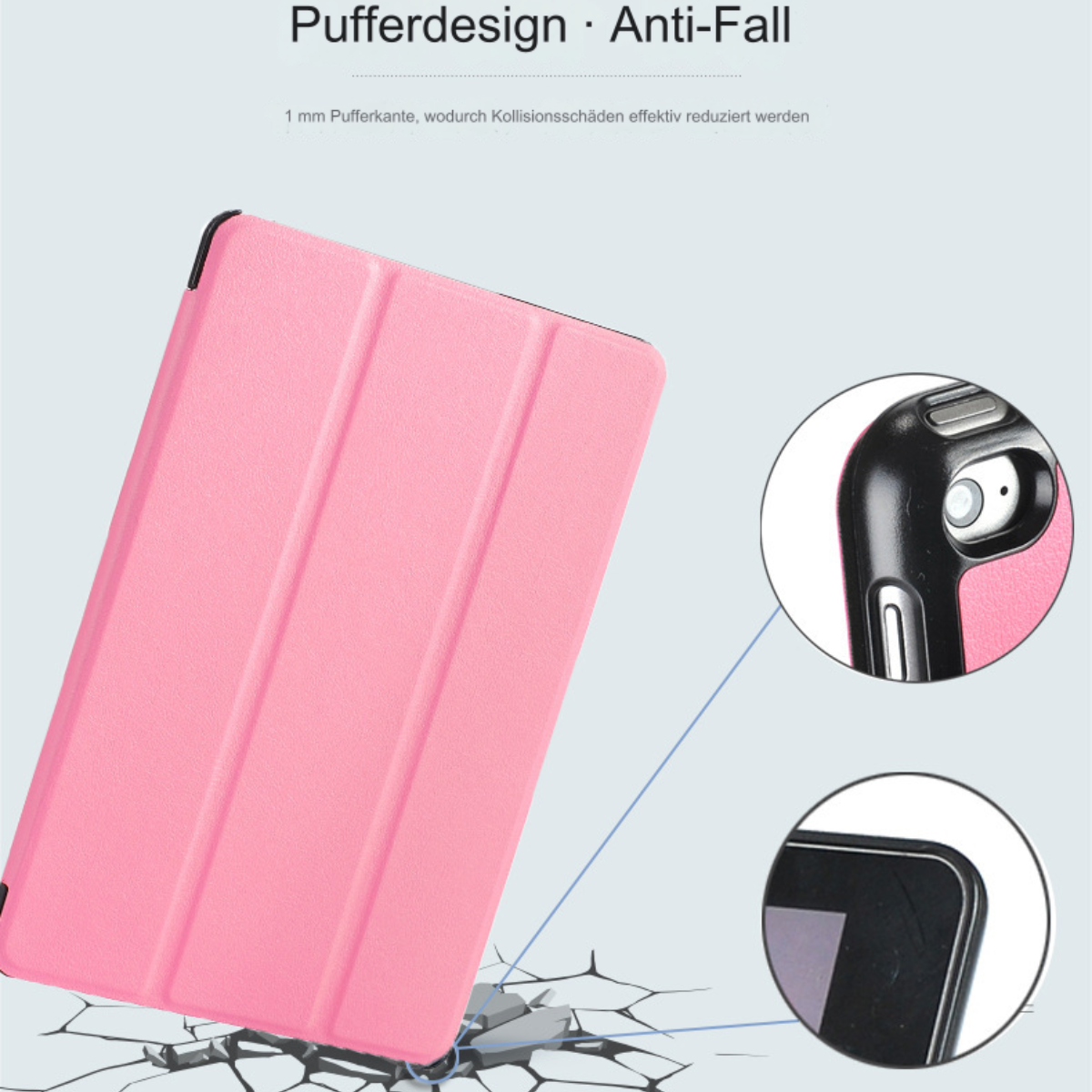 Rosa Tablethülle mit Riss-Effekt. Weißer Text oben. Seitenansicht des Tablets.