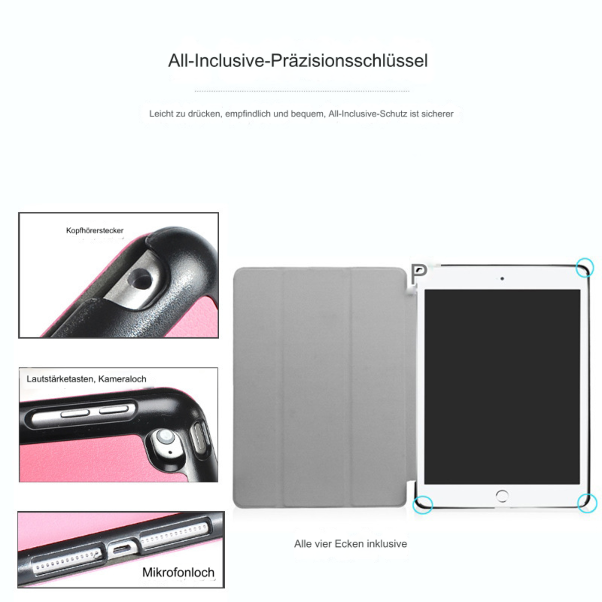 Diagramm eines Tablets mit Hülle. Details des Tablets und der Hülle sind hervorgehoben.