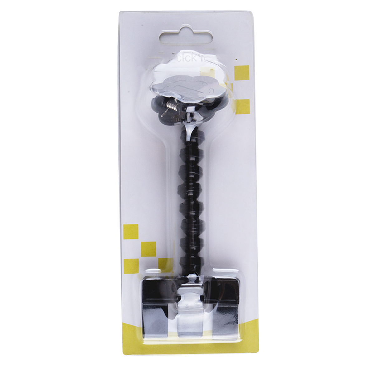 Ein schwarz-weißer Telefonhalter mit flexiblem Arm, verpackt in einer Kunststoffhülle.