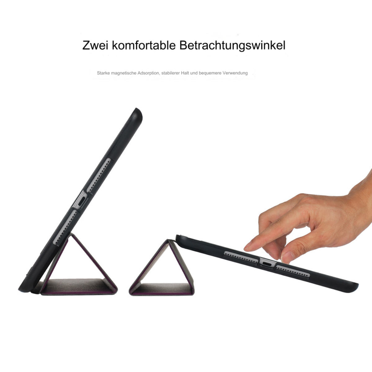 Tablet mit schwarzem Cover in zwei Positionen, Hände sind sichtbar. Der Hintergrund ist weiß.