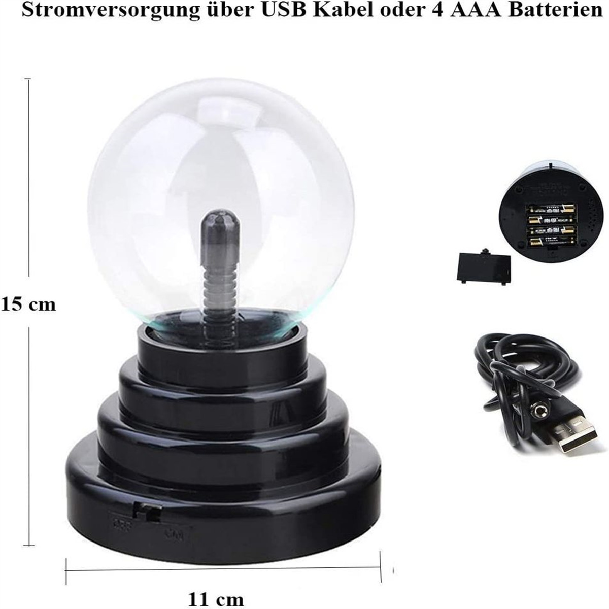 Eine transparente Glaskugellampe mit schwarzem Sockel, neben einem USB-Kabel und Batterien.