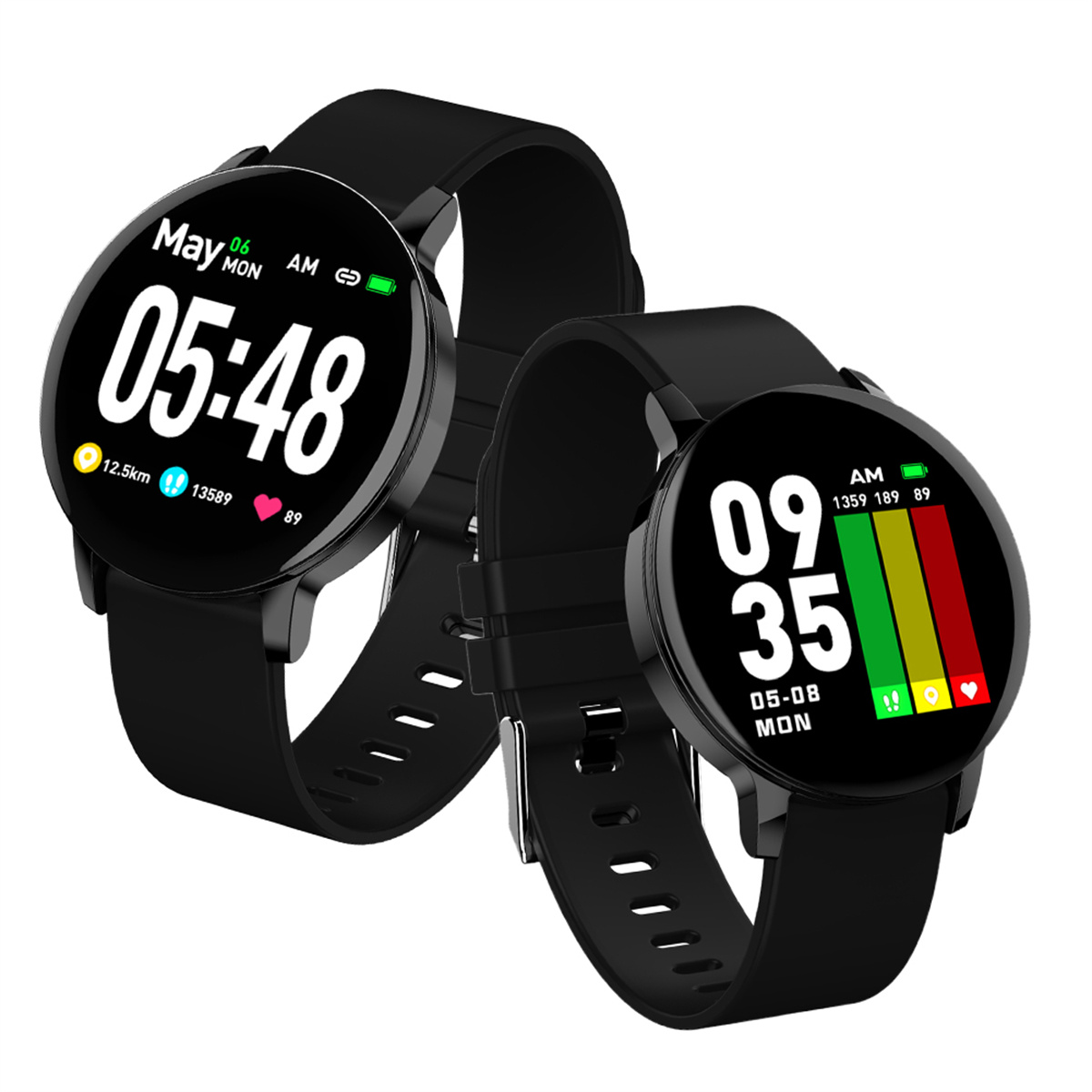 Zwei schwarze Smartwatches mit runden Displays. Zeit- und Aktivitätsdaten sichtbar. Schwarze Armbänder.