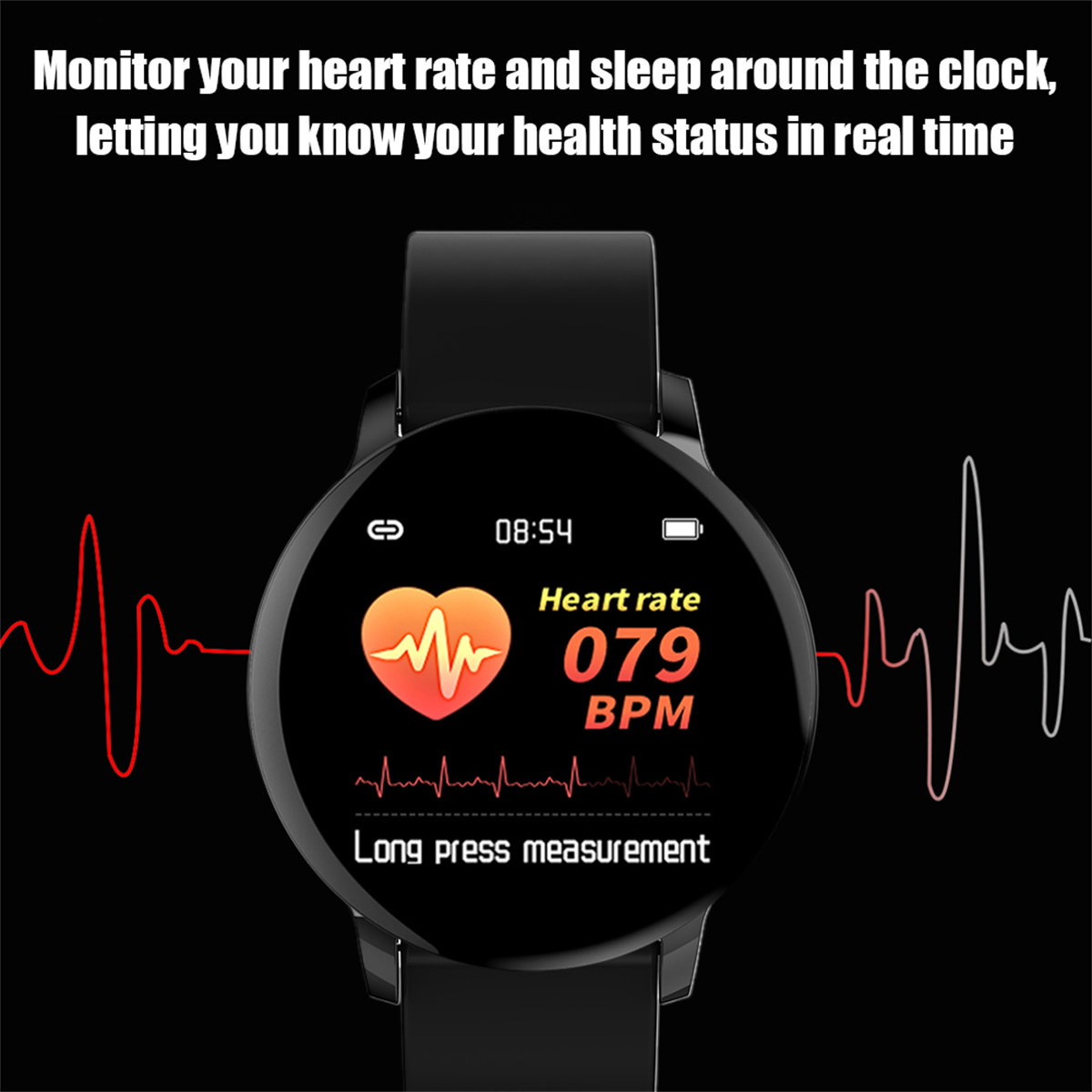 Smartwatch zeigt Herzfrequenzdaten und einen schwarzen Hintergrund mit Text.