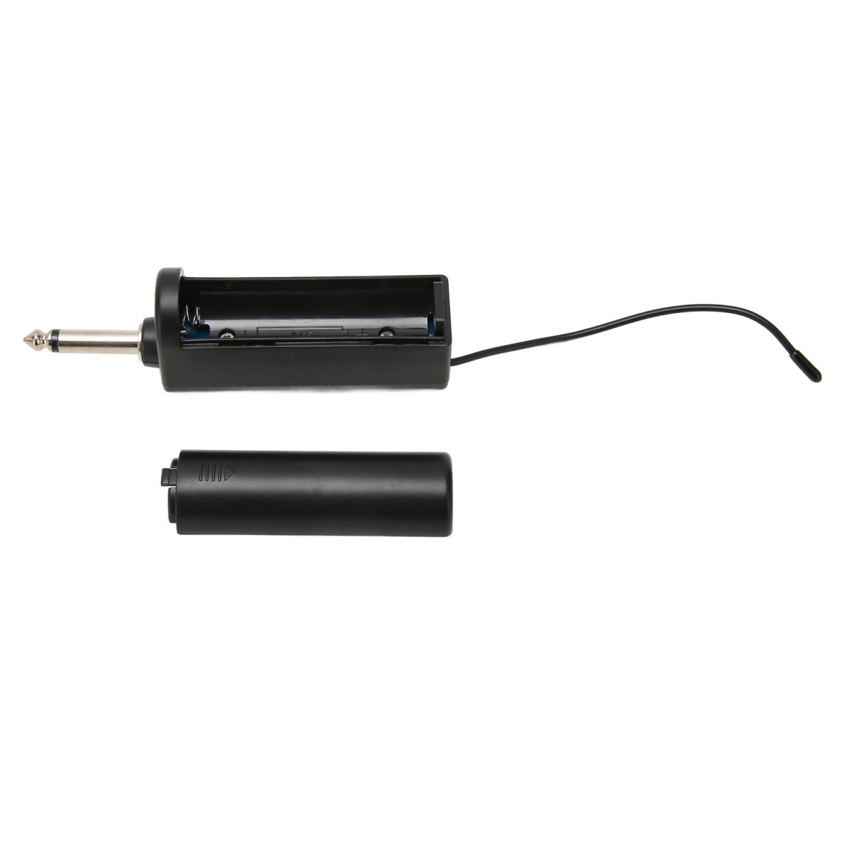 Schwarze und silberne Mikrofonkomponente. Das Batteriefach ist vom Stecker getrennt.
