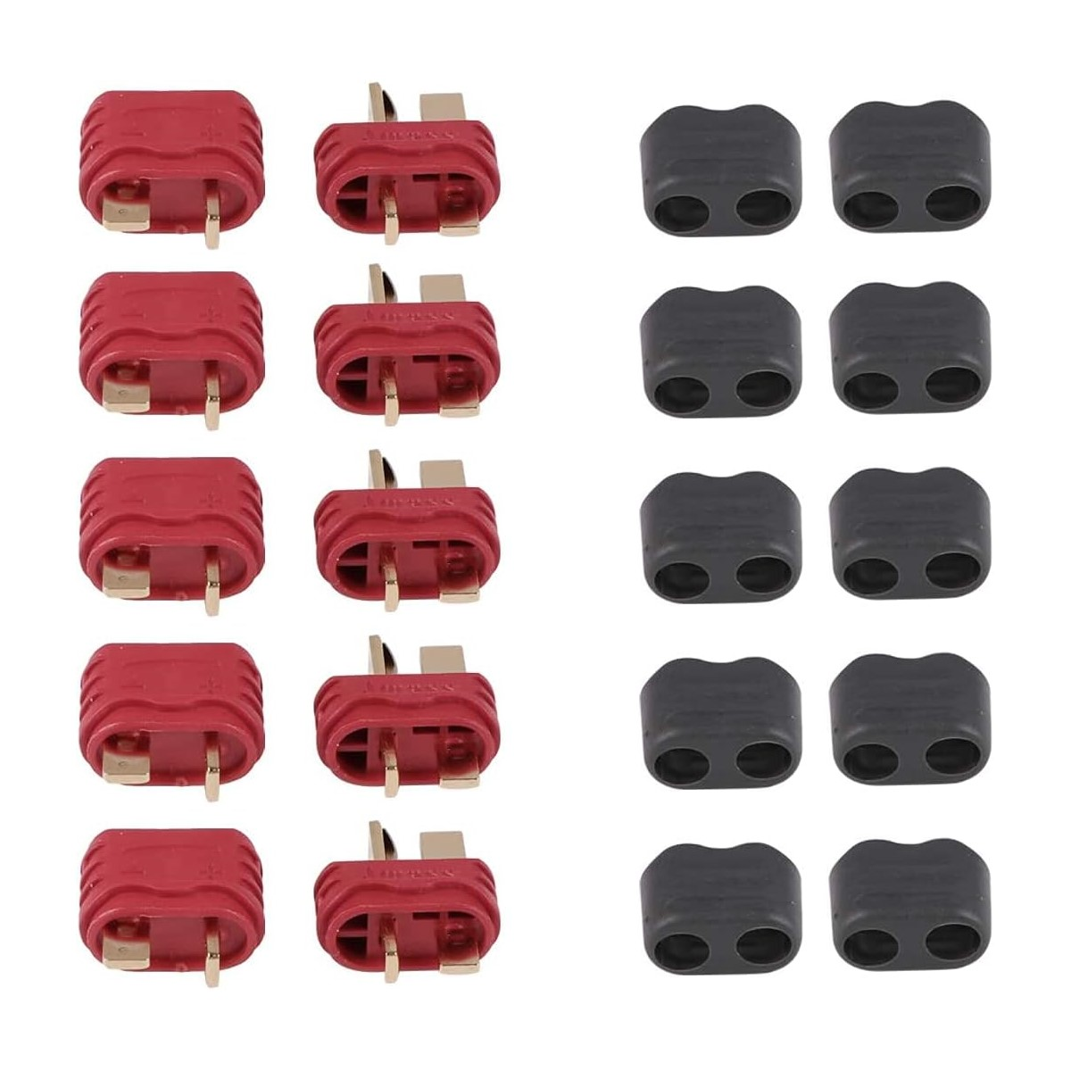 Mehrere rote und schwarze T-Steckverbinder. Mehrere schwarze Steckverbinderabdeckungen.