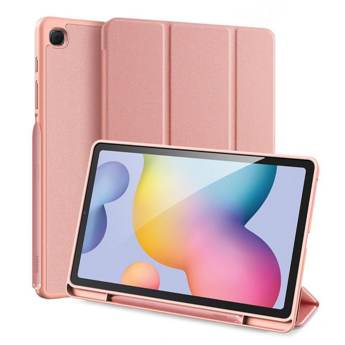 Rosa Tablet mit Hülle und Stift. Der Bildschirm zeigt ein farbenfrohes Design.