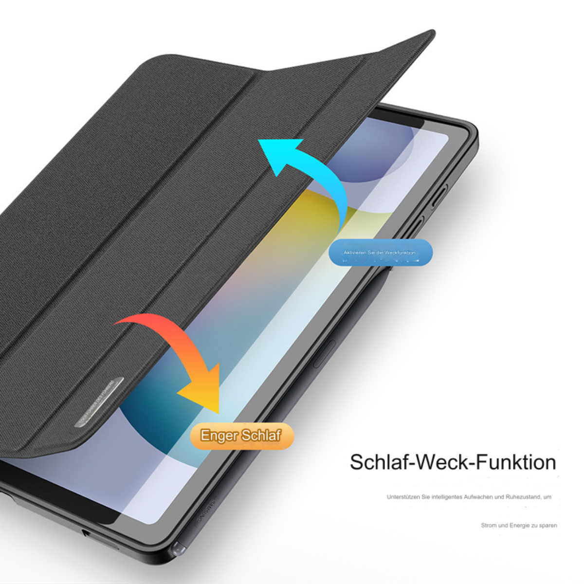 Ein Tablet mit dunkelgrauem Gehäuse, teilweise geöffnet, mit Bildschirm mit weißem Hintergrund.