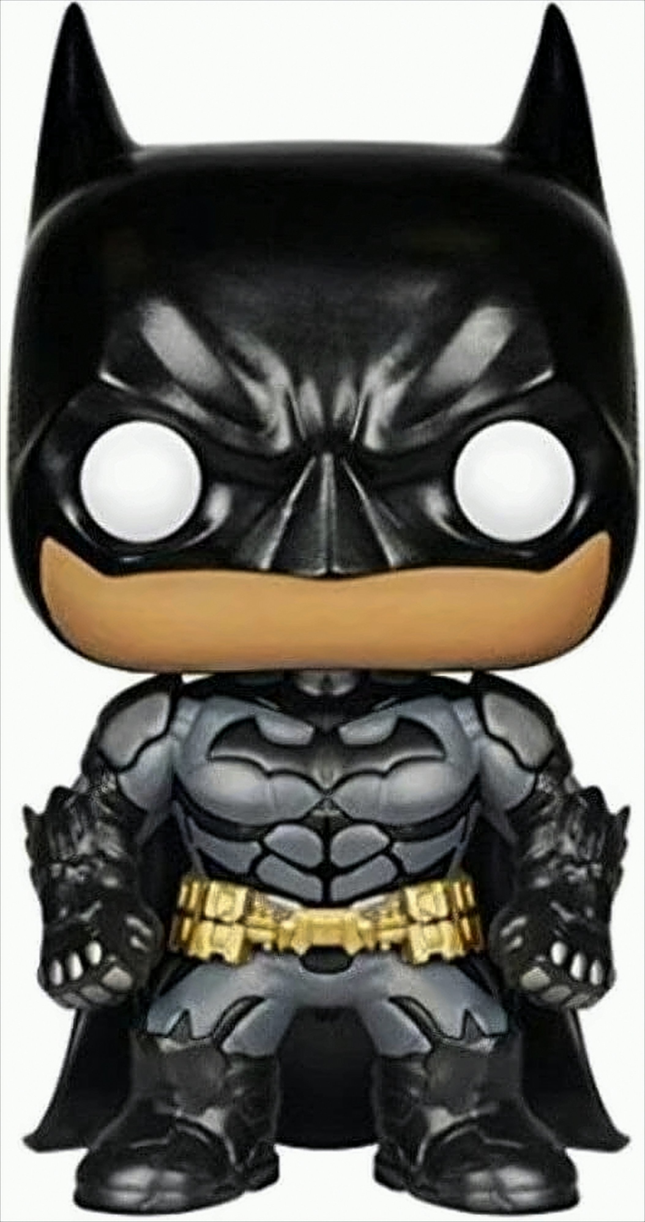 Eine Batman Funko Pop Figur. Sie ist schwarz und grau, mit finsterem Gesicht und gelbem Gürtel.
