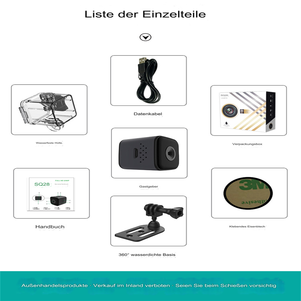 Ein Diagramm, das die Komponenten einer Action-Kamera zeigt, einschließlich wasserdichtem Gehäuse und Datenkabel.