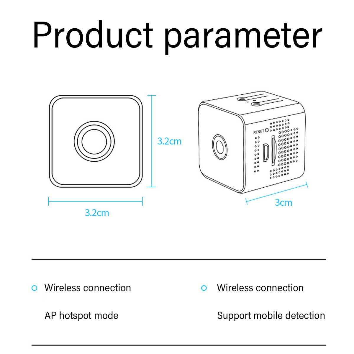 Produktdiagramm mit zwei kleinen Geräten, Messungen und Beschriftungen.