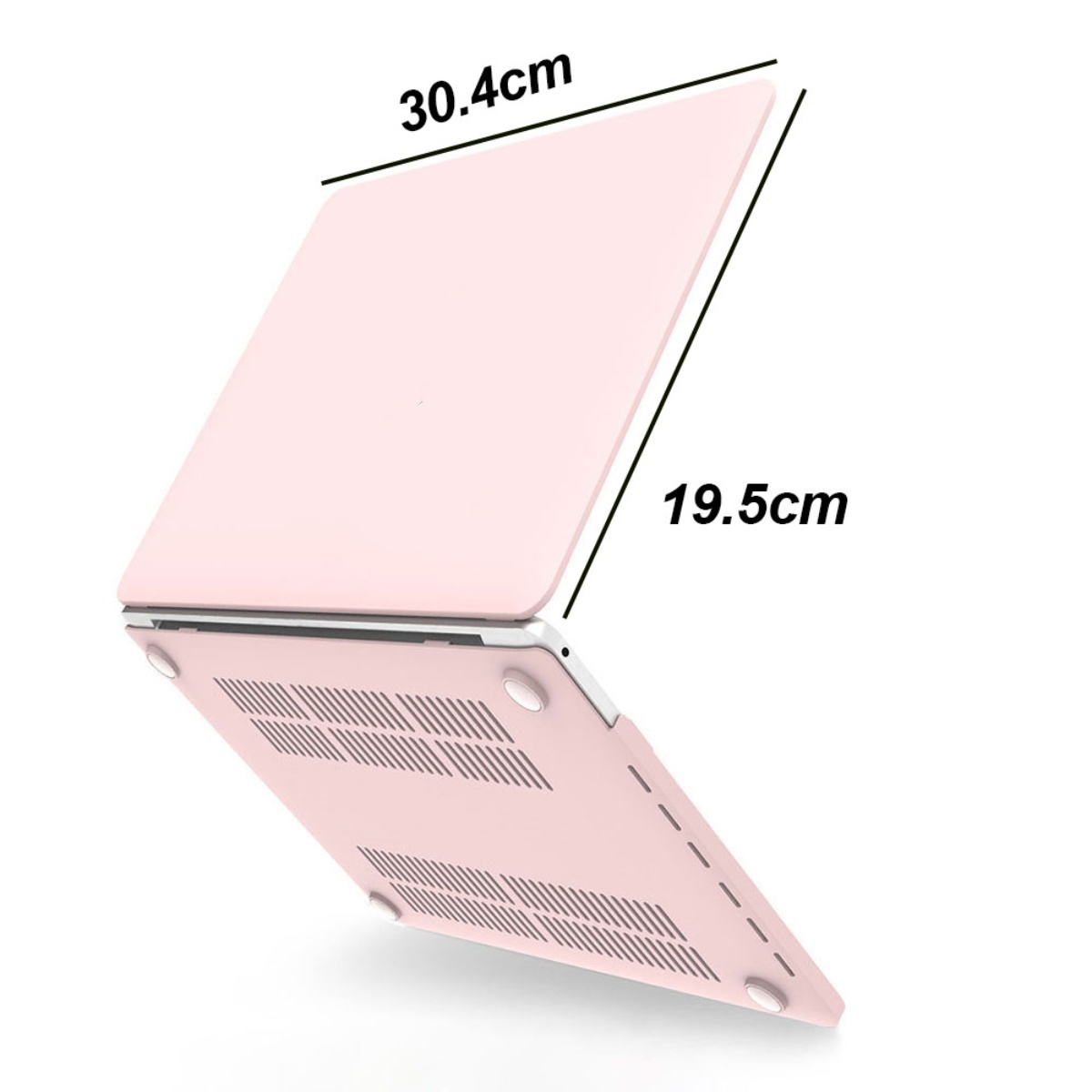 Eine hellrosa Laptop-Hülle steht schräg. Die Abmessungen betragen 30,4 cm x 19,5 cm.