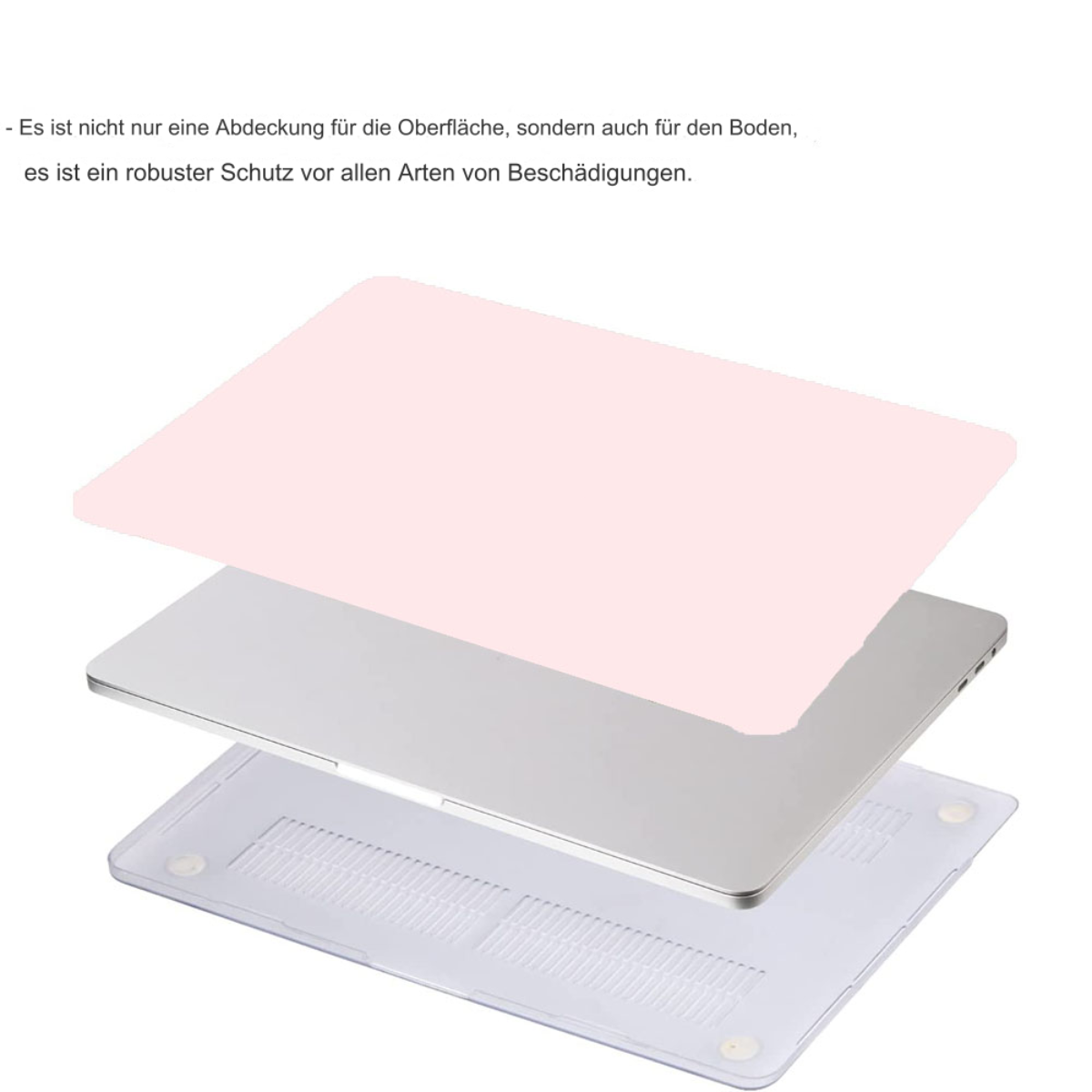 Rosa Laptop-Hüllenschichten, mit silbernem Laptop, auf klarer Kunststoffbasis. Weißer Hintergrund.