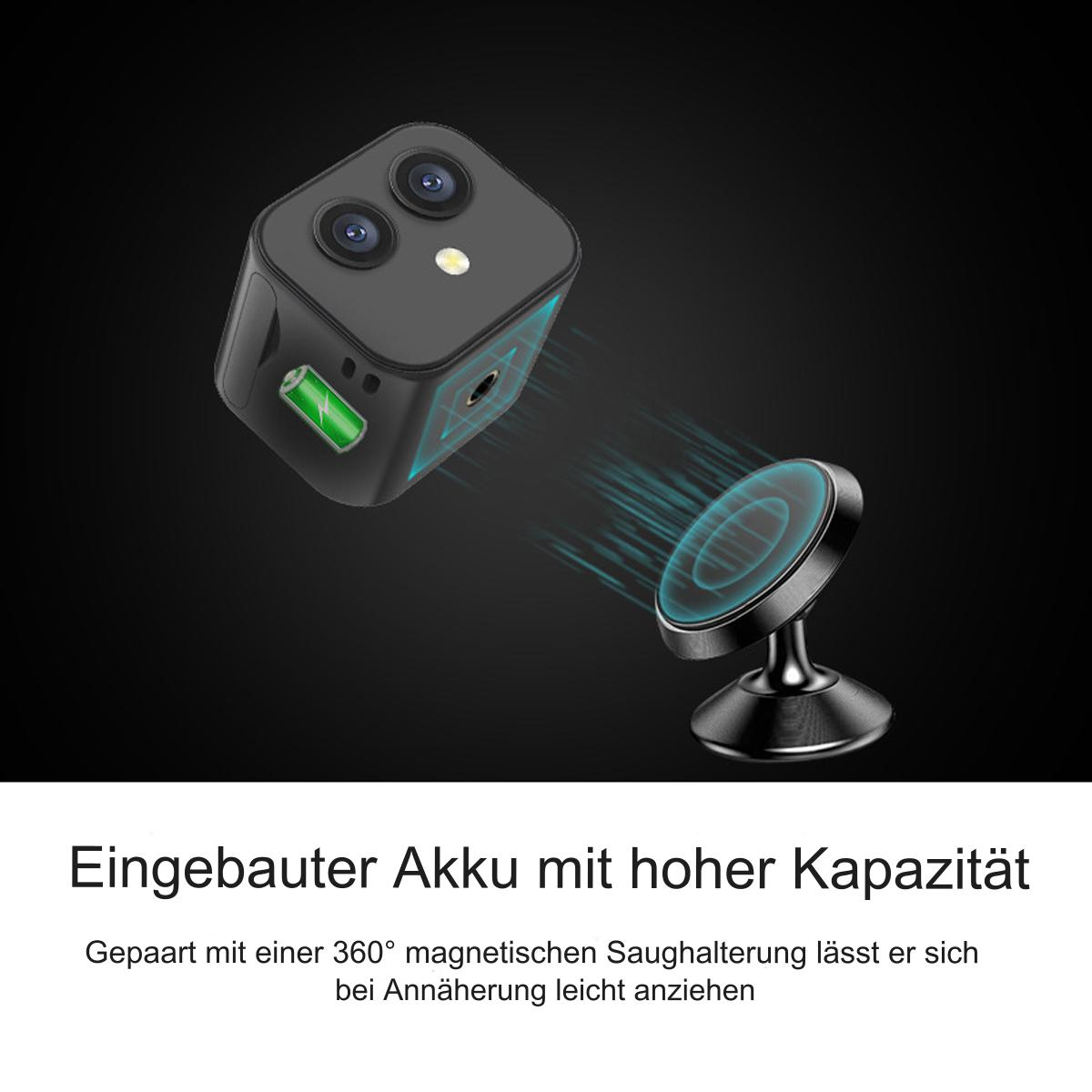 Eine kleine schwarze Kamera mit zwei Objektiven und einer magnetischen Halterung. Es hat eine grüne Kontrollleuchte.