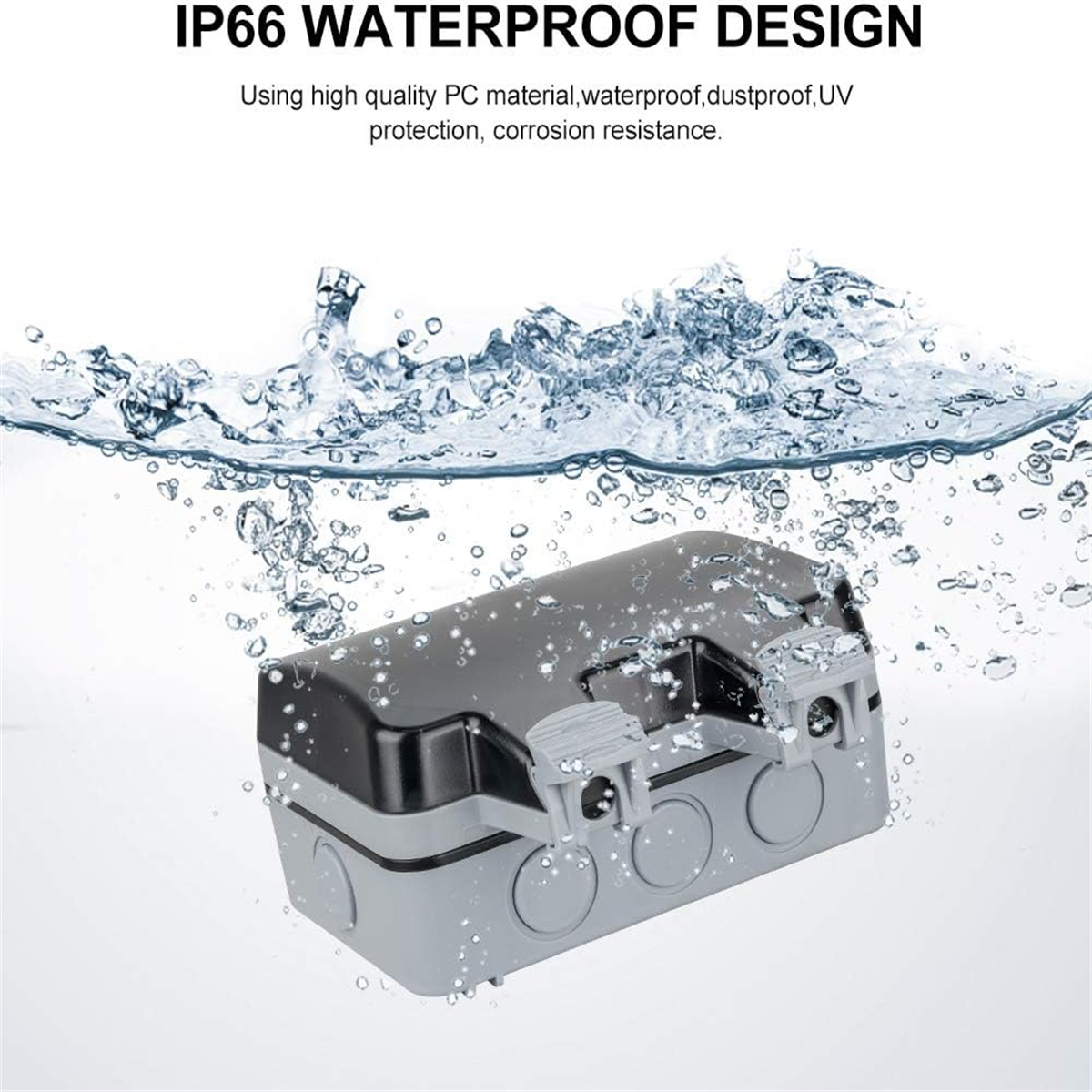 Eine grau-schwarze wasserdichte Box, die in Wasser mit Blasen untergetaucht ist. Wasserspritzer sind sichtbar.