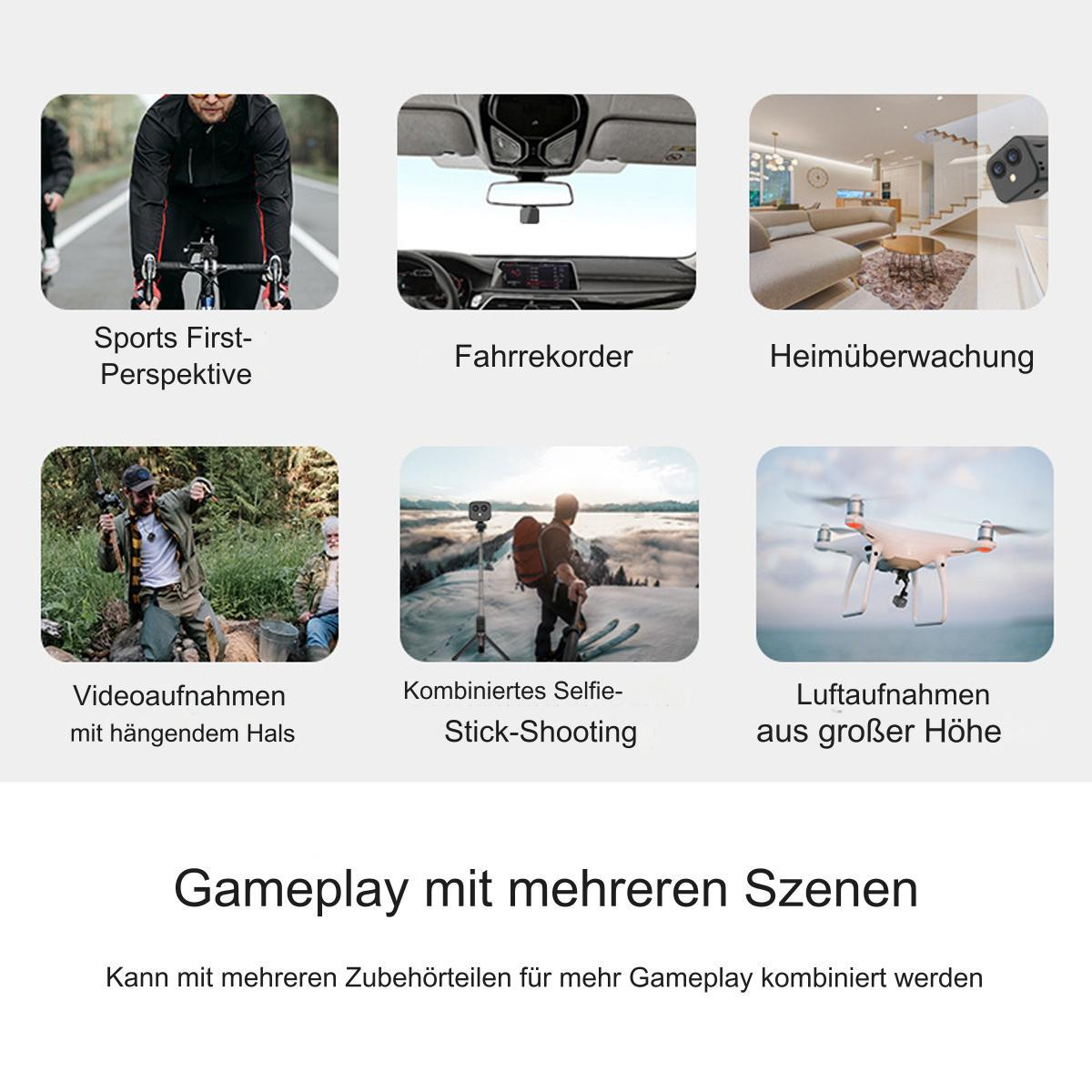 Sechs Bilder: Radfahren, Dashcam, Hausüberwachung, Angeln, Selfie-Stick, Drohne.