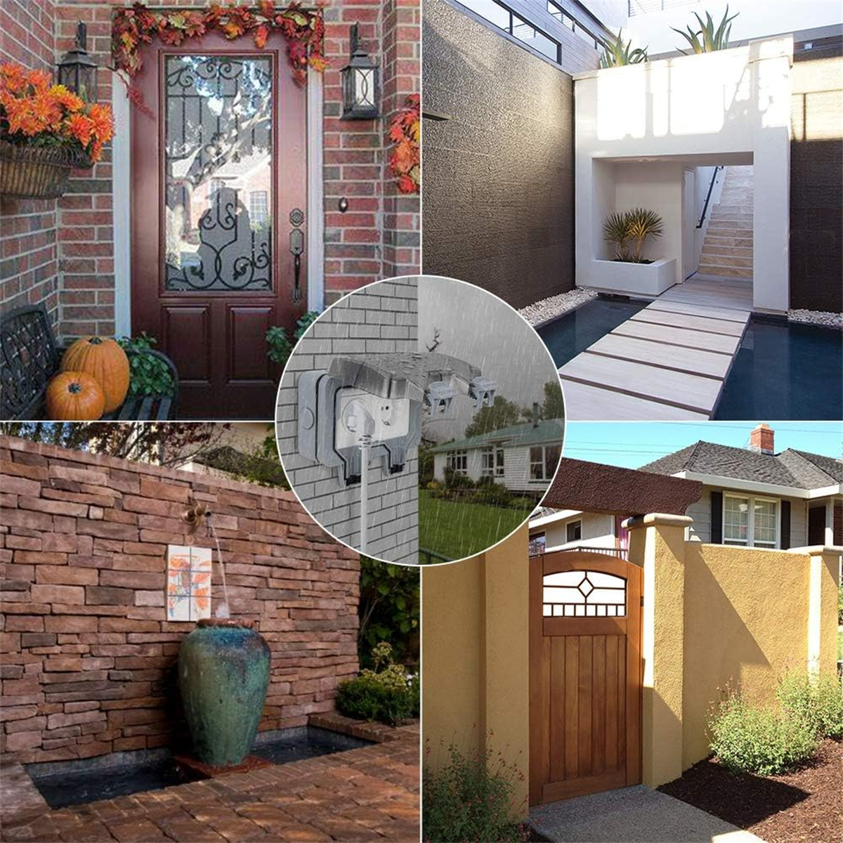 Collage von Außenszenen: Tür, Ziegelmauer mit Brunnen, Haus und Steckdose.