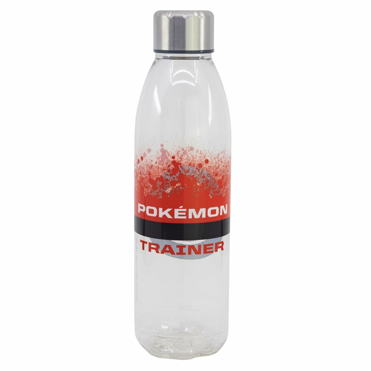 Transparente Wasserflasche mit rotem und weißem Pokémon Trainer Design und Silberkappe.