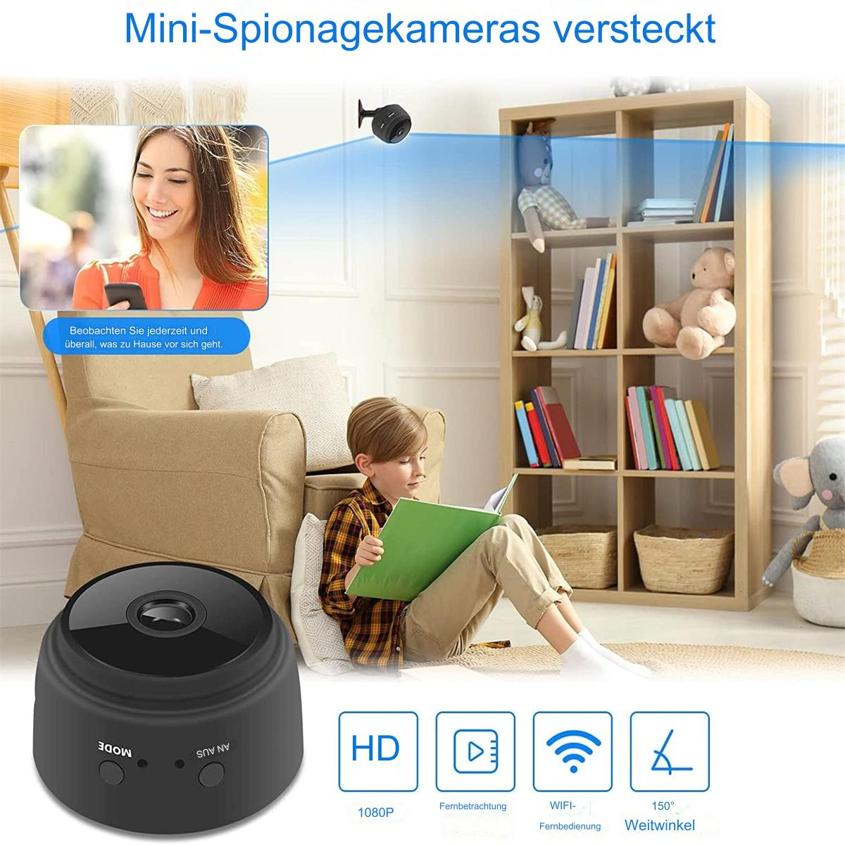 Eine versteckte Spionagekamera, ein lesender Junge, eine lächelnde Frau und Symbole für HD, WLAN und 150° Winkel.