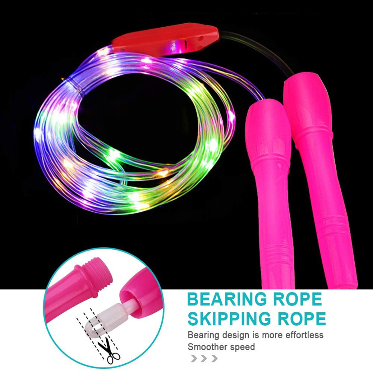 Rosa Springseil mit LED-Leuchten. Nahaufnahme zeigt Griffdetails.