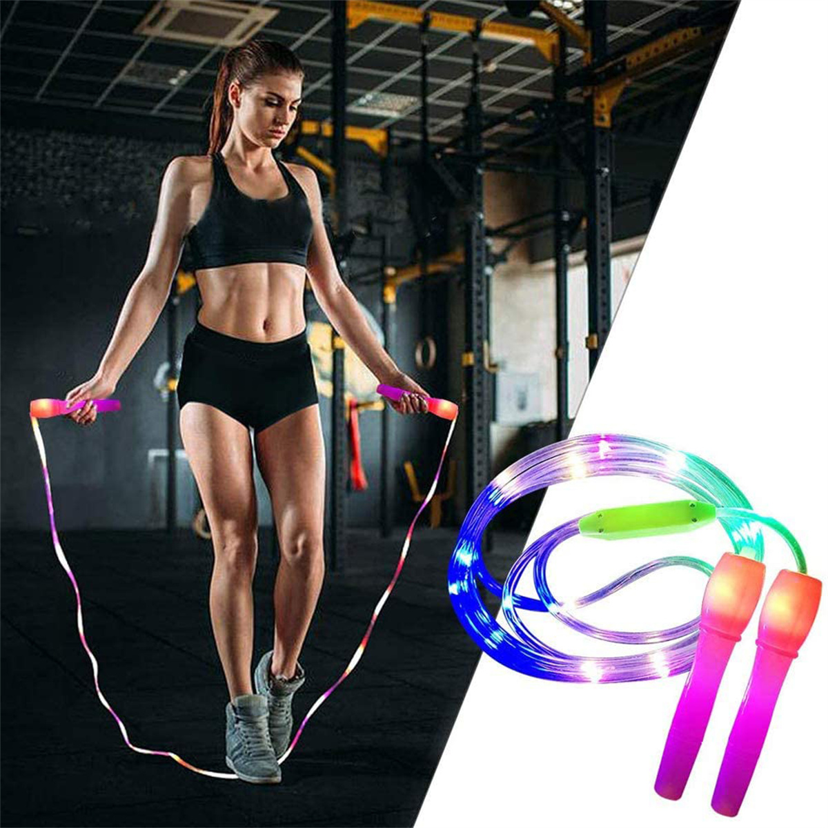 Frau, die in einem Fitnessstudio Seil springt. Ein zweites Springseil mit Lichtern wird ebenfalls gezeigt.