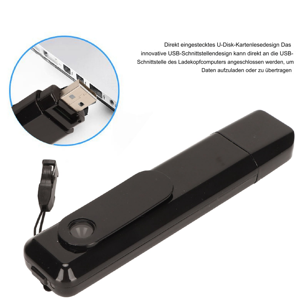 Schwarzer USB-Kartenleser, der in einen Laptop gesteckt wird, mit einem schwarzen USB-Kartenleser und einem schwarzen Riemen.