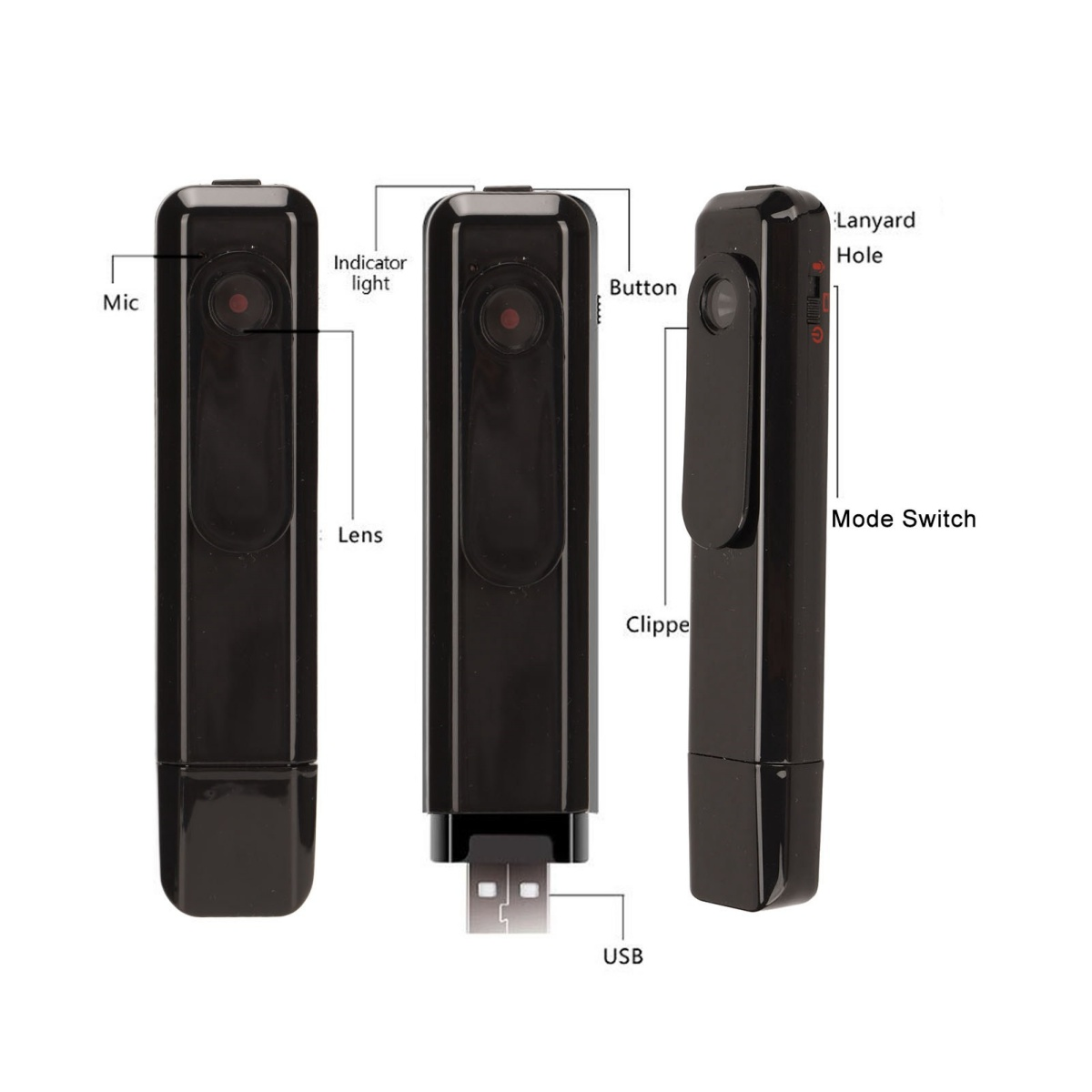Schwarze USB-Kamera mit Objektiv, Taste und Clip. Loch, Modusschalter und USB-Anschluss sichtbar.