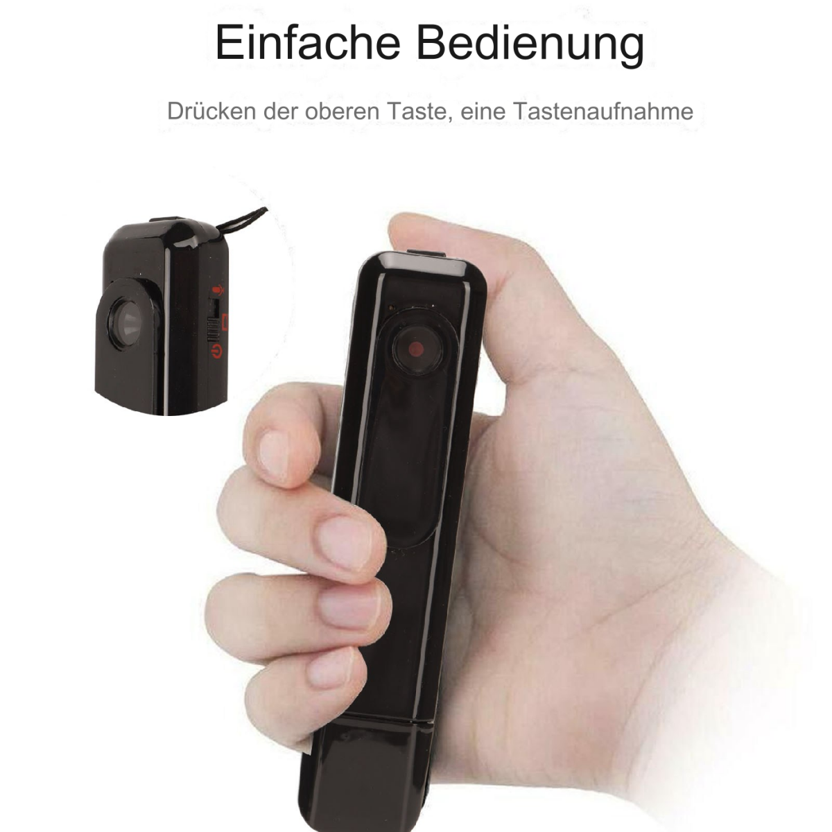 Schwarze Kamera in der Hand, mit einer Darstellung der Produktmerkmale.