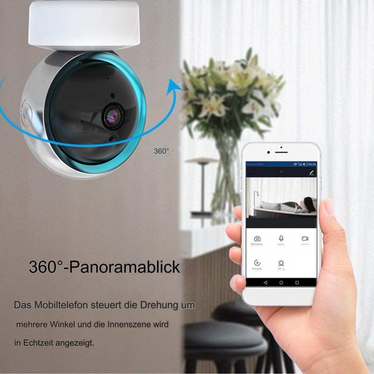 Eine Smart-Home-Kamera mit einem Smartphone, das die Ansicht zeigt. Text: 360° Panoramaansicht.