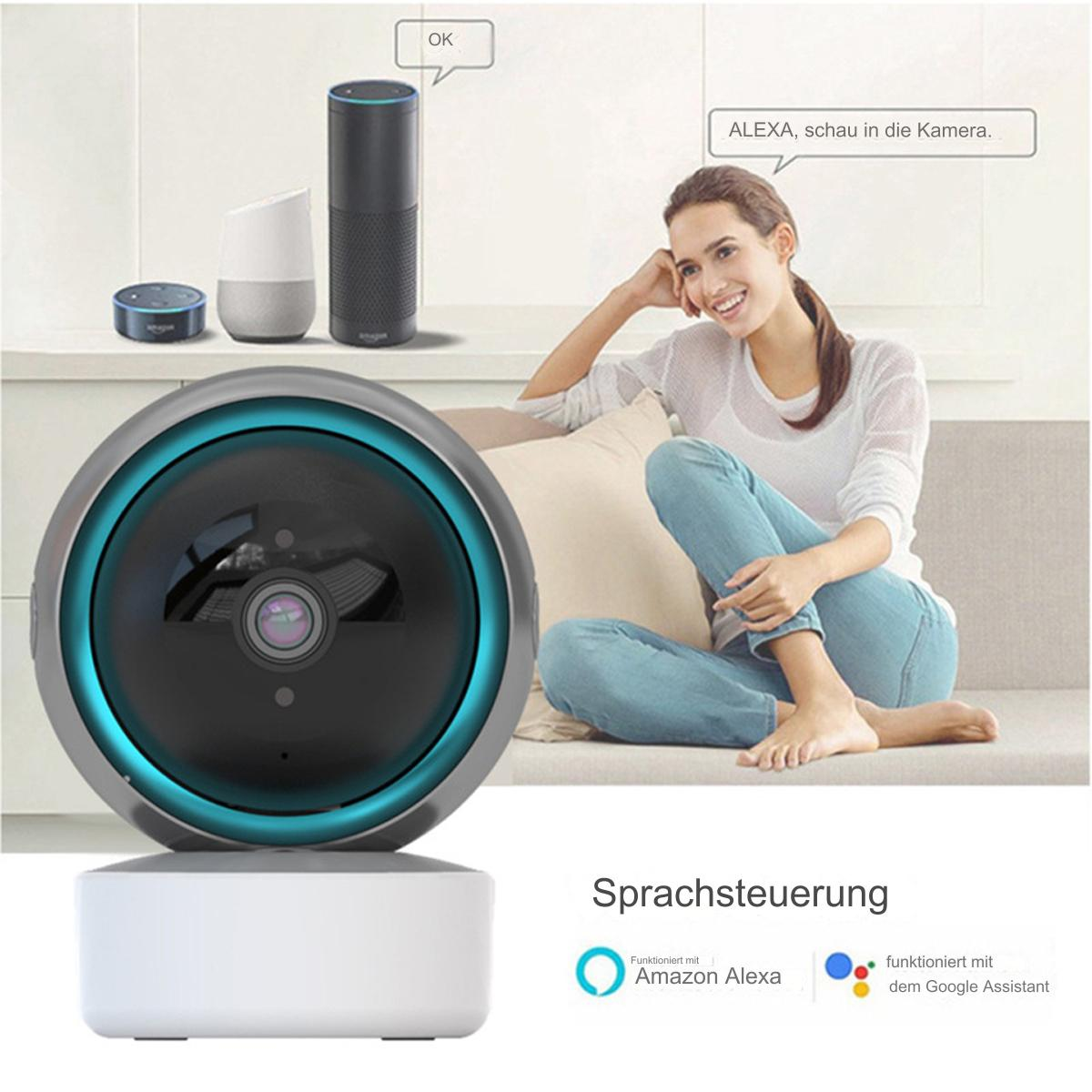 Eine Frau mit einer Smart-Home-Kamera, lächelnd, mit Smart-Lautsprechern. Sprachsteuerungs-Symbole werden angezeigt.