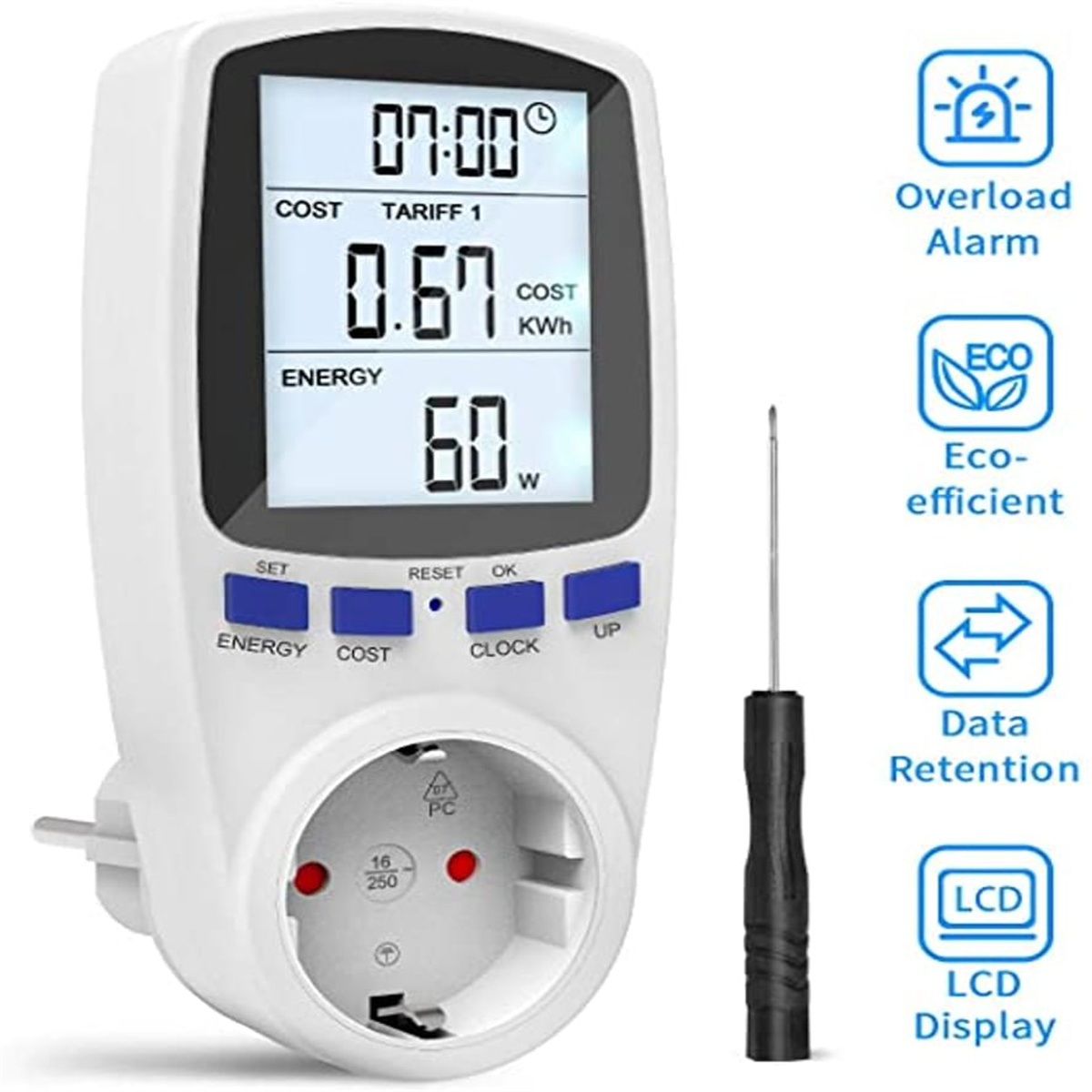 Ein Energiemessgerät, das in eine Wand gesteckt wird. Das Display zeigt Kosten, Tarif und Verbrauch in kWh und Watt an.