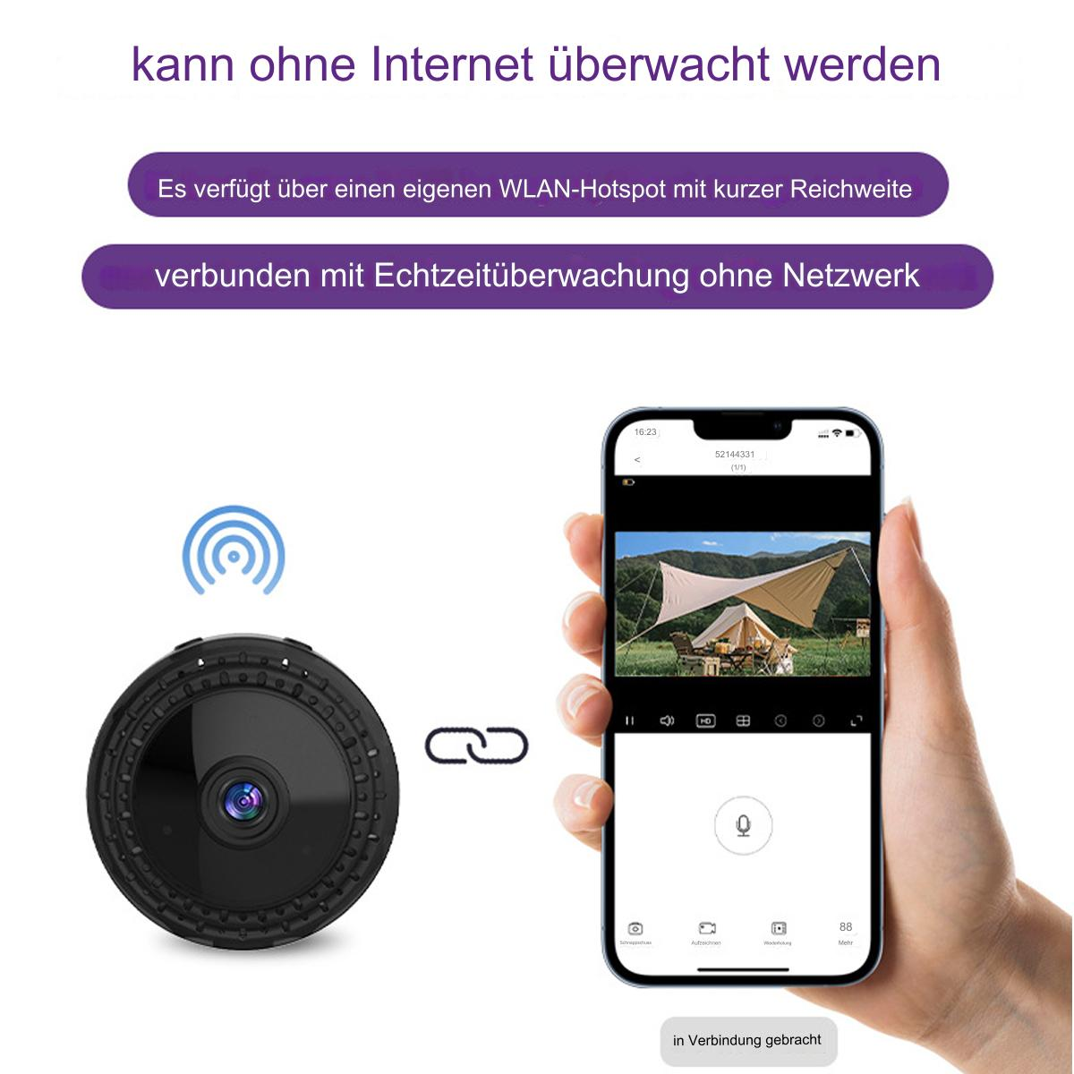 Eine kleine Überwachungskamera und ein Smartphone mit einer Camping-Szene.